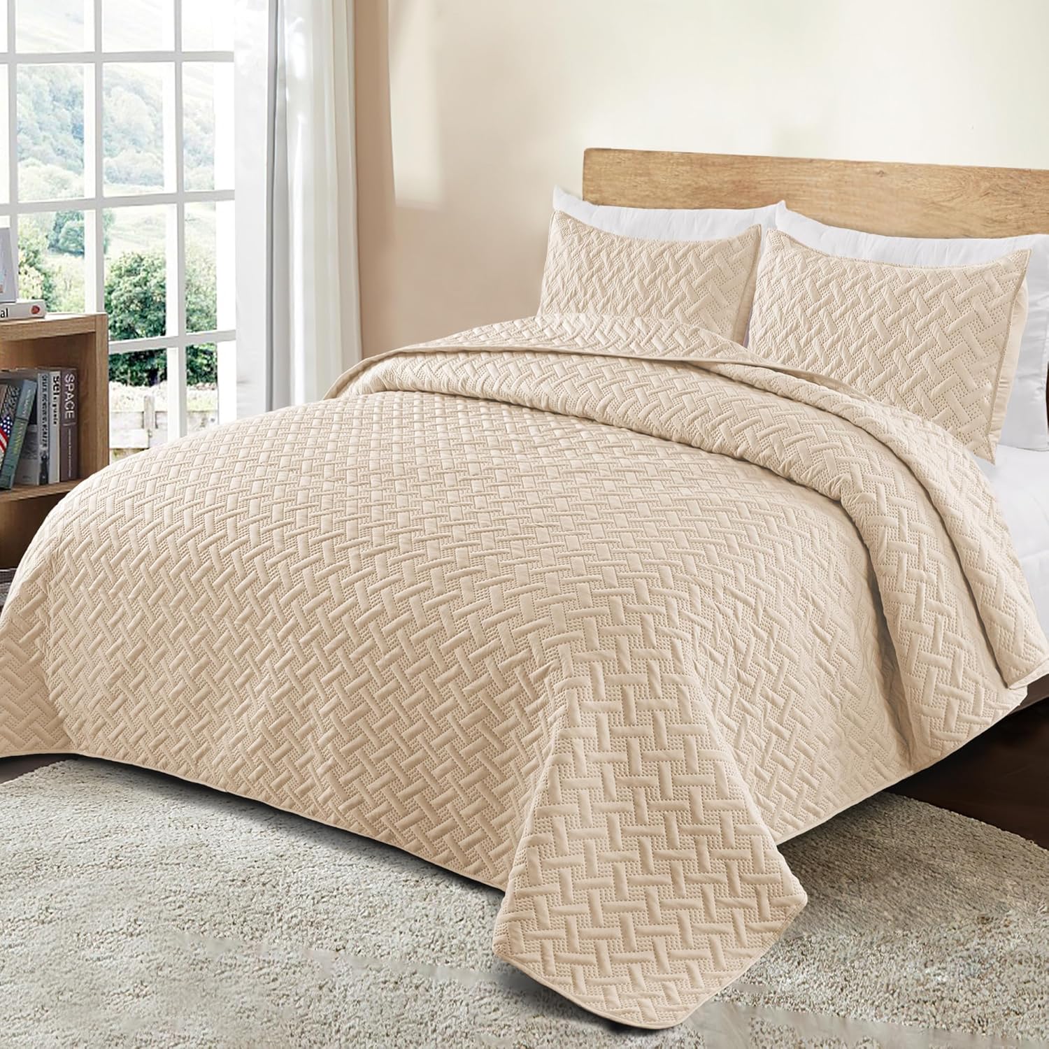 Exclusivo Mezcla Juego de edredón tamaño Queen Matrimonial, colcha suave de hueso beige para todas las estaciones, juego de ropa de cama ligero y