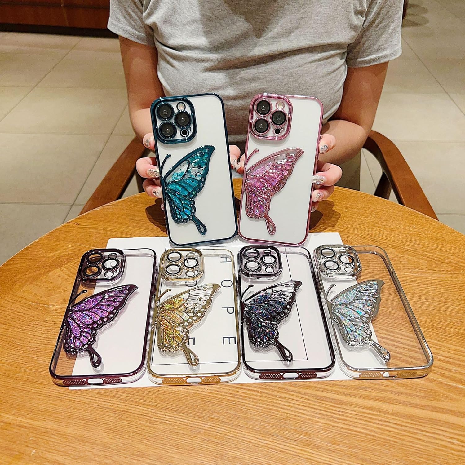 Ownest Funda compatible con iPhone 13 Pro Max con purpurina de lujo, diseño estético chapado en mariposa, protección de cámara, protección de
