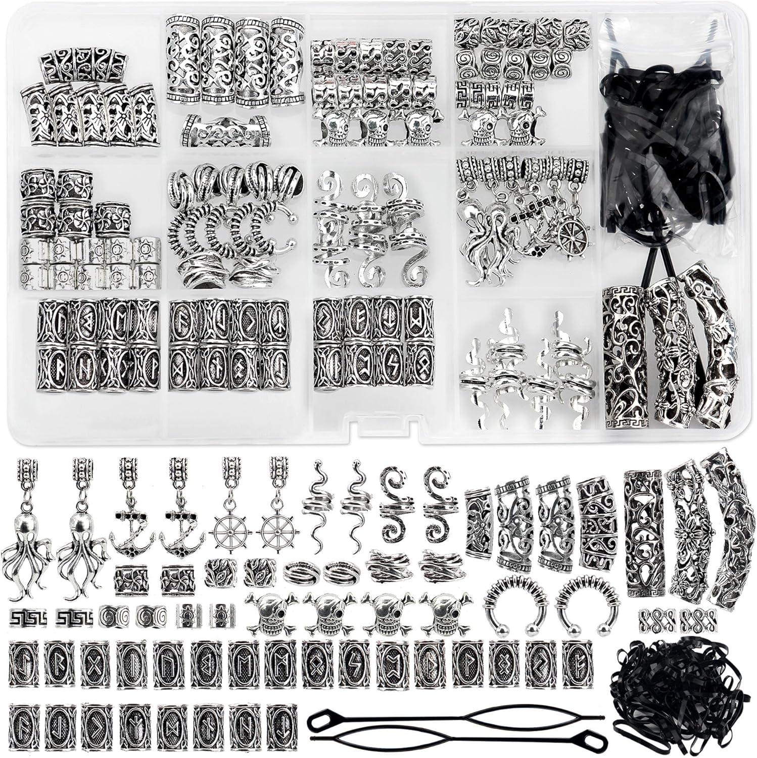 WNJ Joyería vikinga para el cabello, 165 cuentas de barba, cuentas de tubo de runa nórdica, tubo de pelo trenzado, joyería vikinga, joyería vikinga,