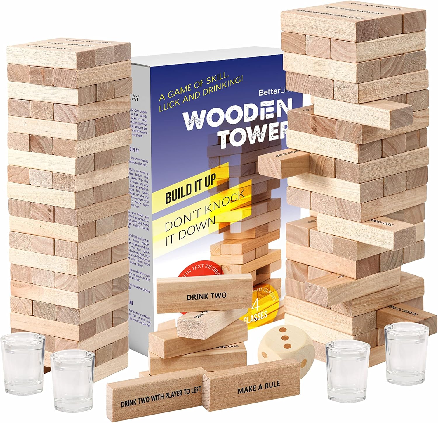 BETTERLINE Juego de madera de bloques apilables para beber  48 piezas  Torre para adultos  Juego de fiesta de amigos, despedida de soltero (60