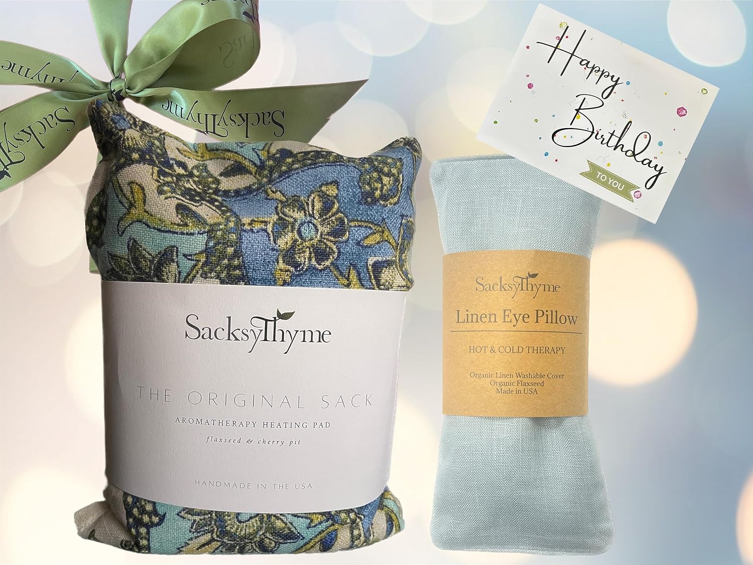 Sacksy Thyme Juego de regalo de cumpleaños, 2 piezas, almohadilla térmica de lavanda y almohada de lino para ojos, juego de regalo de feliz