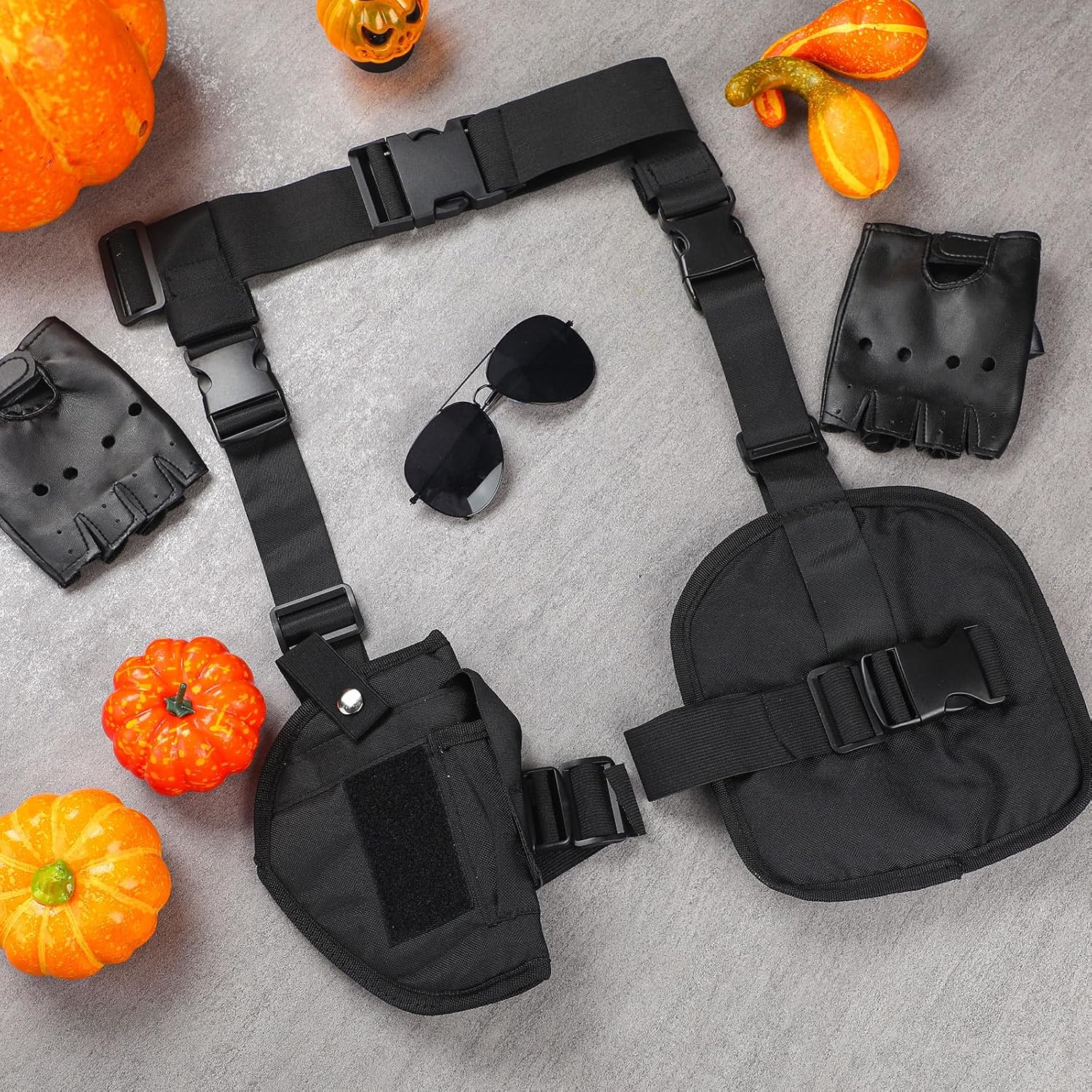 3 piezas de disfraz de Halloween para mujer, cosplay, pierna caída, ajustable, pistola, pistola, con bolsas para revistas, medio dedo, punk, guantes