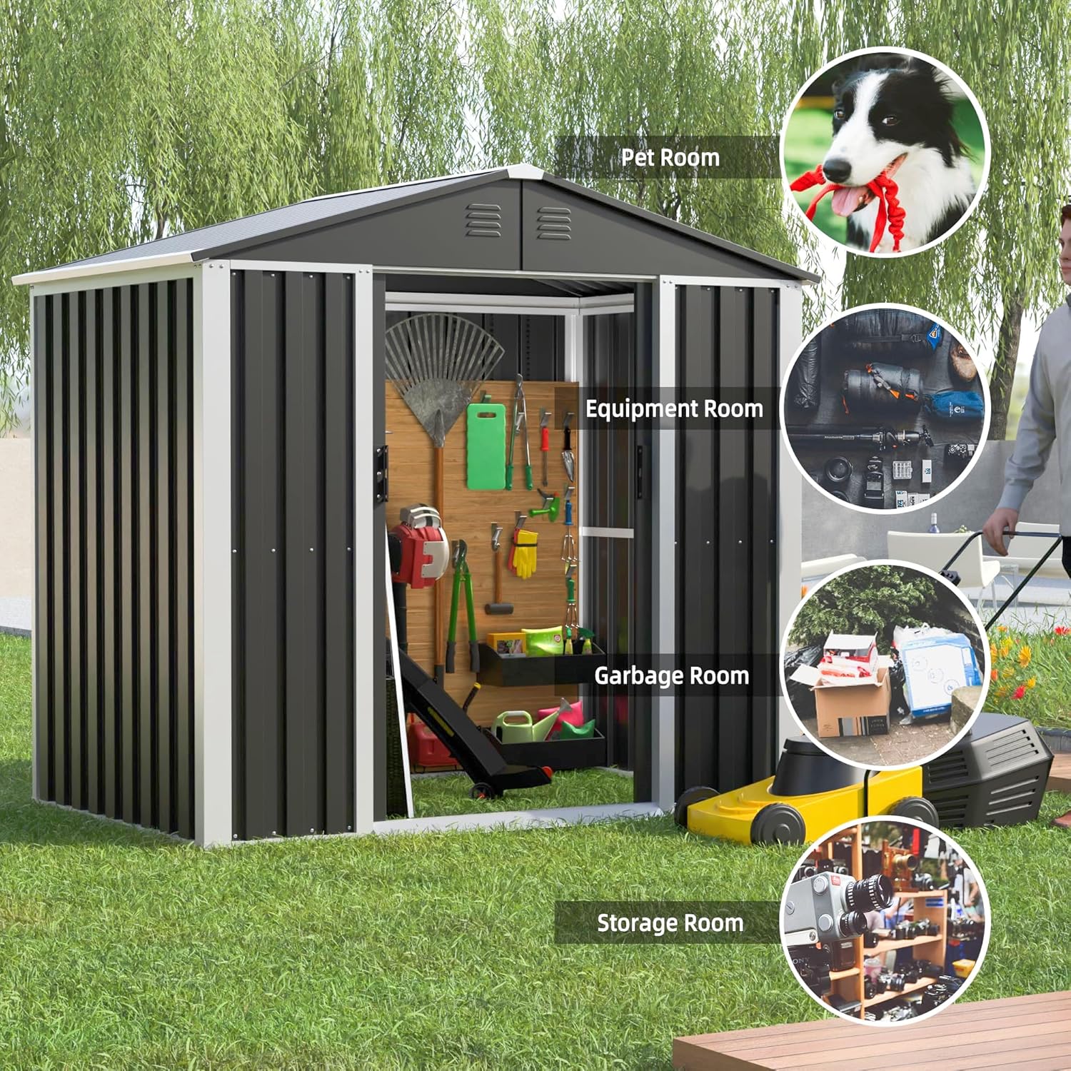 Cobertizo de almacenamiento de metal para exteriores con puerta, 6 x 4 pies, cobertizo de almacenamiento de herramientas de jardín de acero