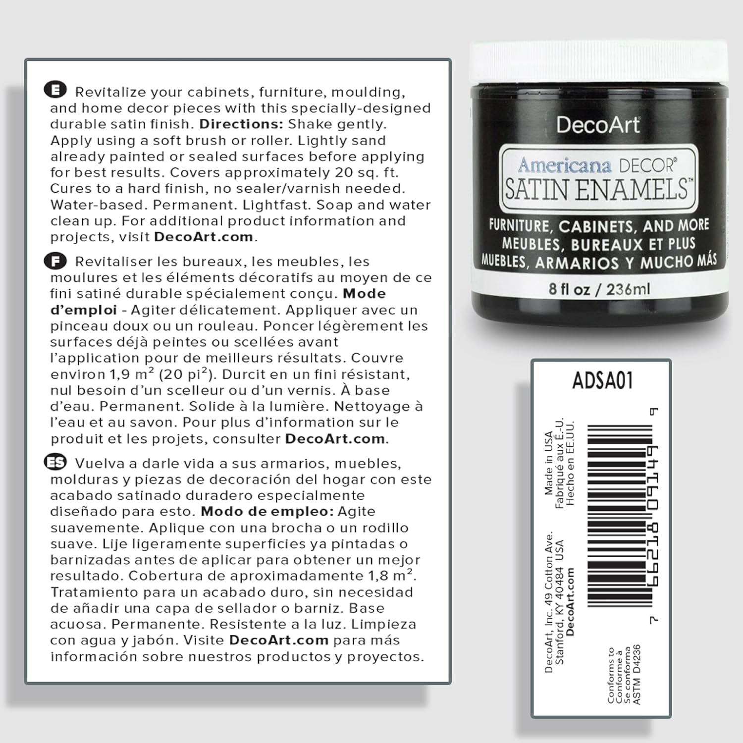DecoArt Esmalte satinado clásico negro, 8 onzas líquidas, tarro (paquete de 3)