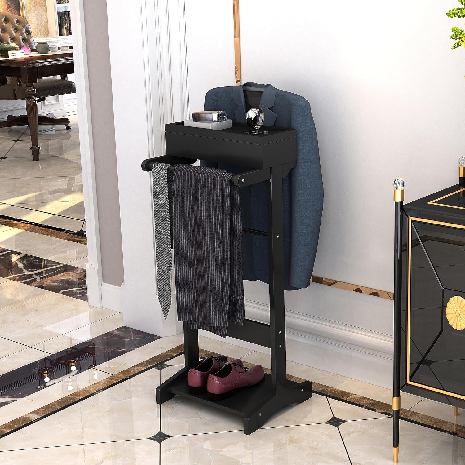 Soporte de valet para hombre, soporte de valet de ropa negra con bandeja superior, cajón, colgador de corbata y cinturón y zapatero, uso en entrada,