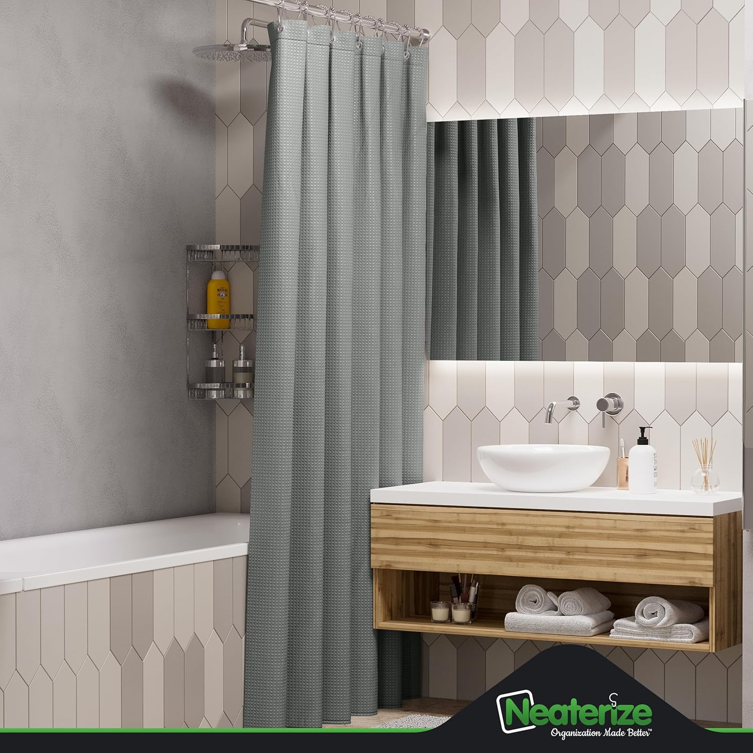 NEATERIZE Cortina de ducha gris  Cortinas de baño estilo hotel gris con diseño de gofre, 72 x 84 pulgadas  Cortina de ducha de tela  Cortinas de