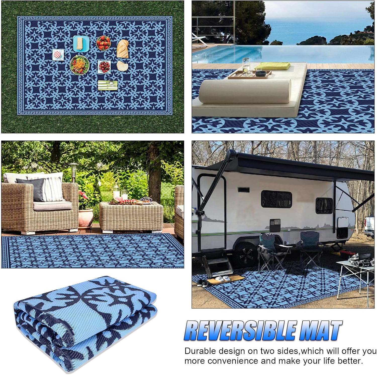 TIPHOPE Alfombras para exteriores de caravana, impermeables, de 9 x 6 pies, alfombras plegables para patio con bolsa de transporte, alfombras