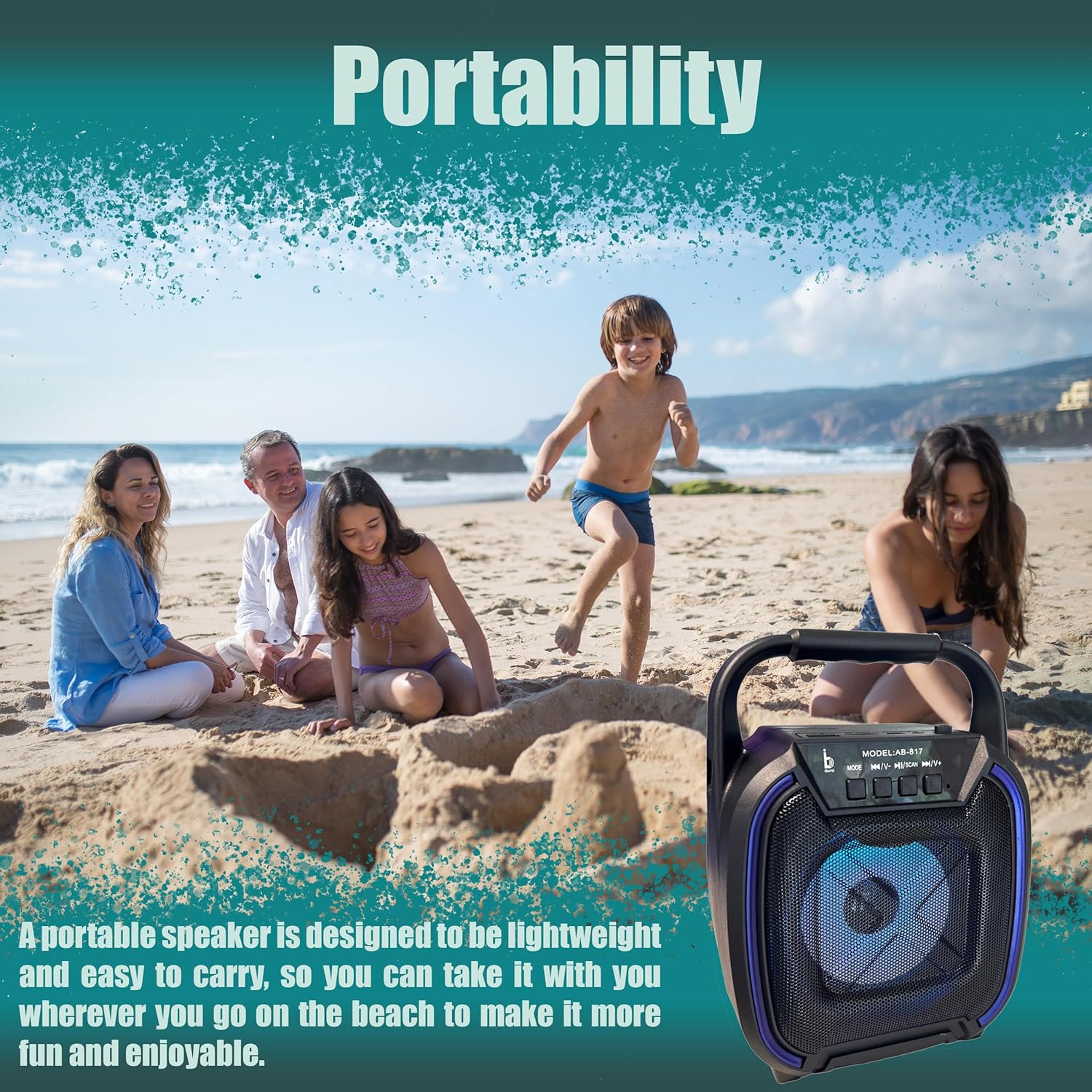 Sistema de altavoces PA Bluetooth portátil recargable para exteriores, micrófono, luces de fiesta, USB, radio, sonido estéreo fuerte (AB-817