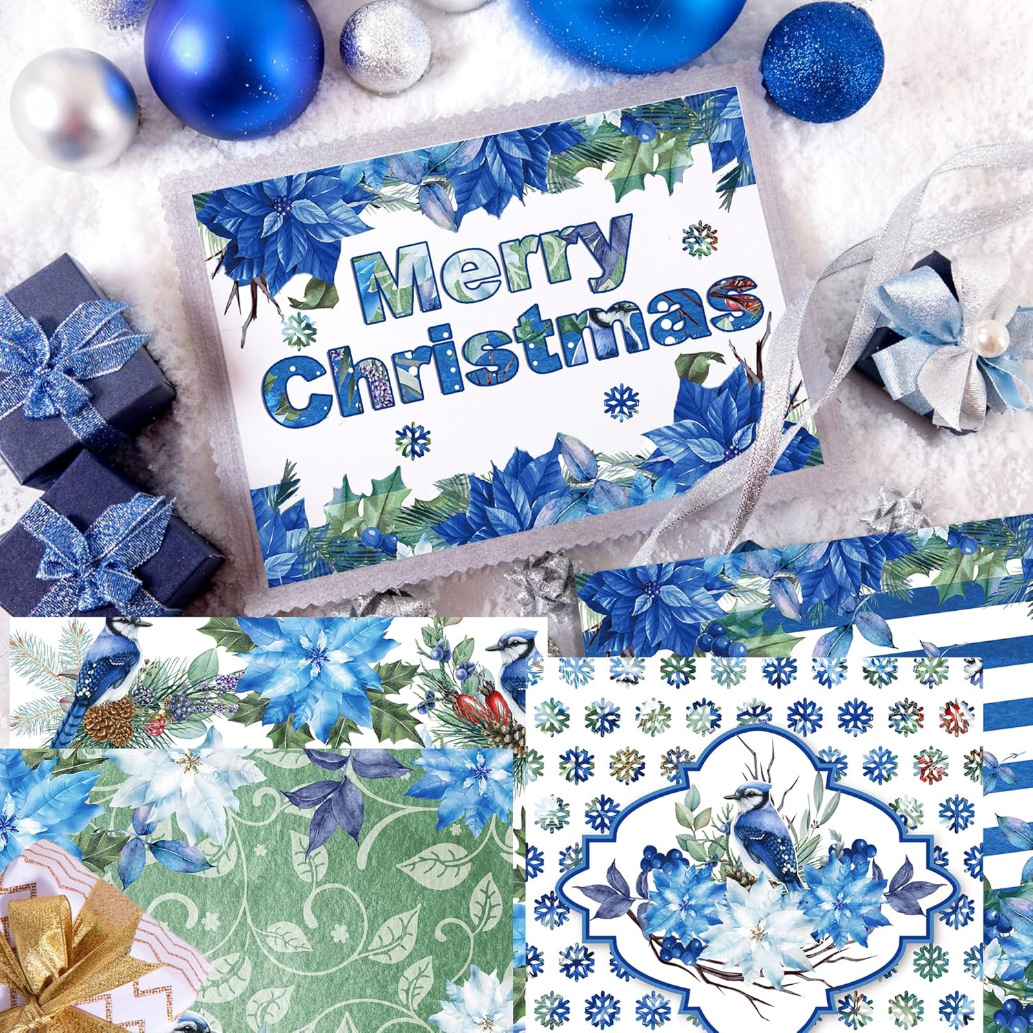 GLKTOPO Papel de recortes de Pascua de Navidad de 12 pulgadas, 24 hojas de Navidad de doble cara azul y rojo con patrón de flores de acuarela para