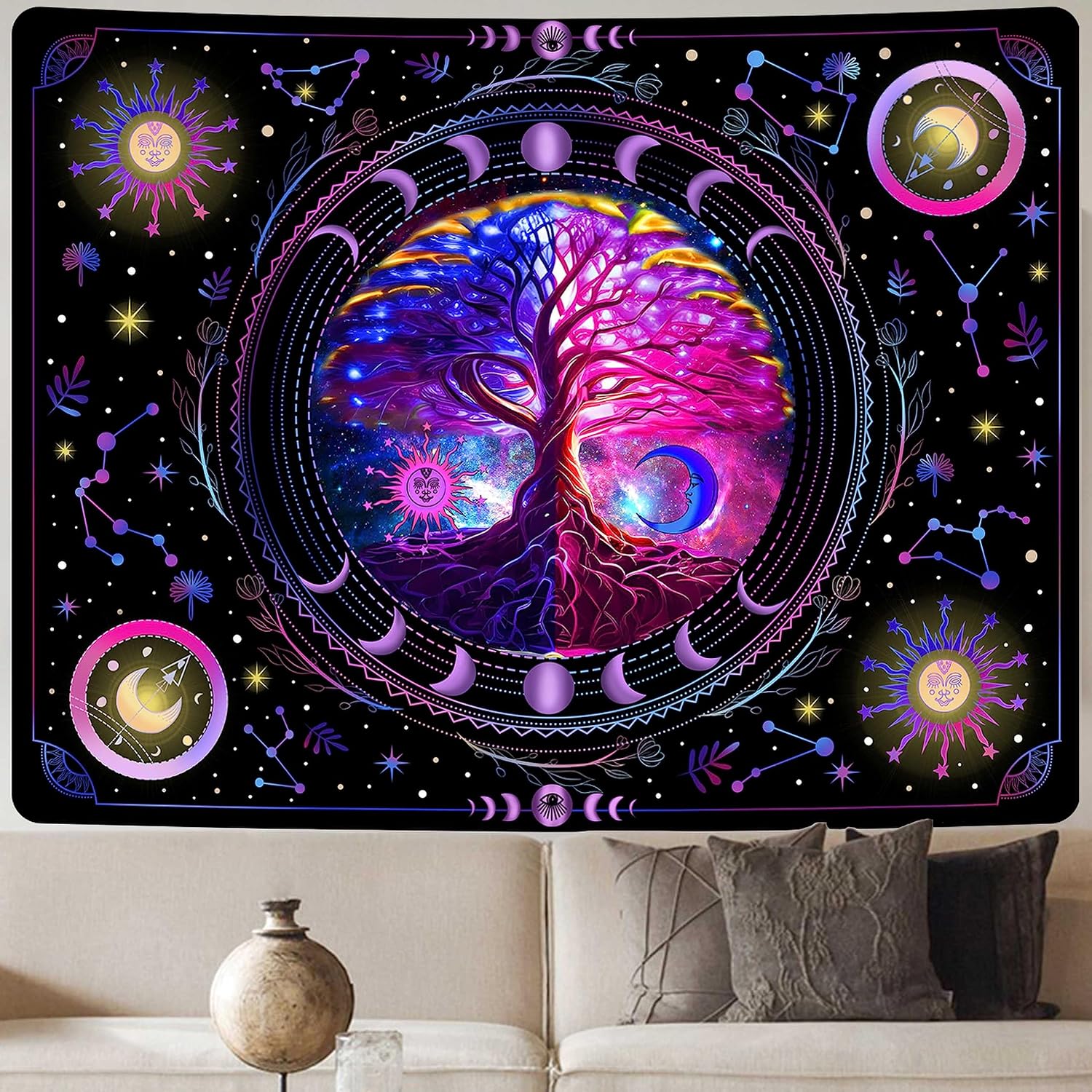 MAMHSABC Tapiz de árbol de la vida, tapiz hippy de sol y luna, tapiz de flores y vides, tapiz hippie para colgar en la pared, dormitorio, decoración