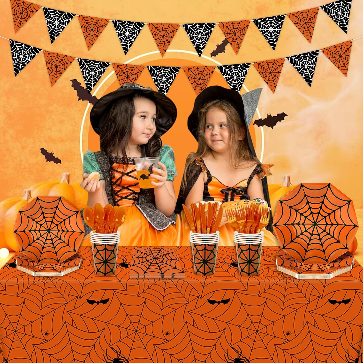 173 piezas de tela de araña de Halloween, suministros de telaraña naranja, juego de vajilla desechable para 24 platos de papel, servilletas, vasos,