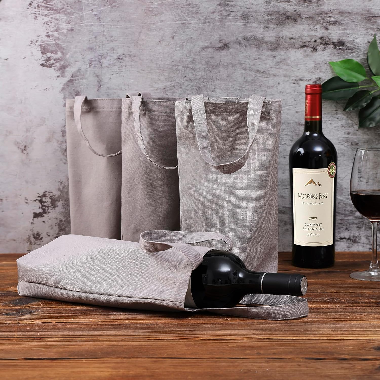 Bolsa de vino, 10 x 7 x 2 pulgadas, 4 bolsas reutilizables de lona de algodón con etiqueta de cordón, Gris