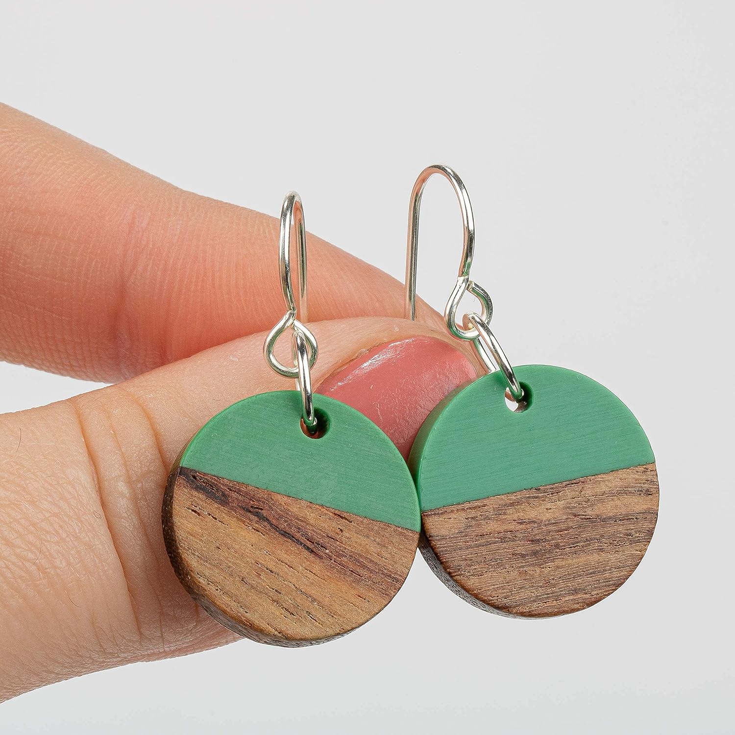 Split Resin and Wood Circle Dangle Drop Earrings  Sterling Silver Bohemian Earrings  Multiple Colors Available (Green)