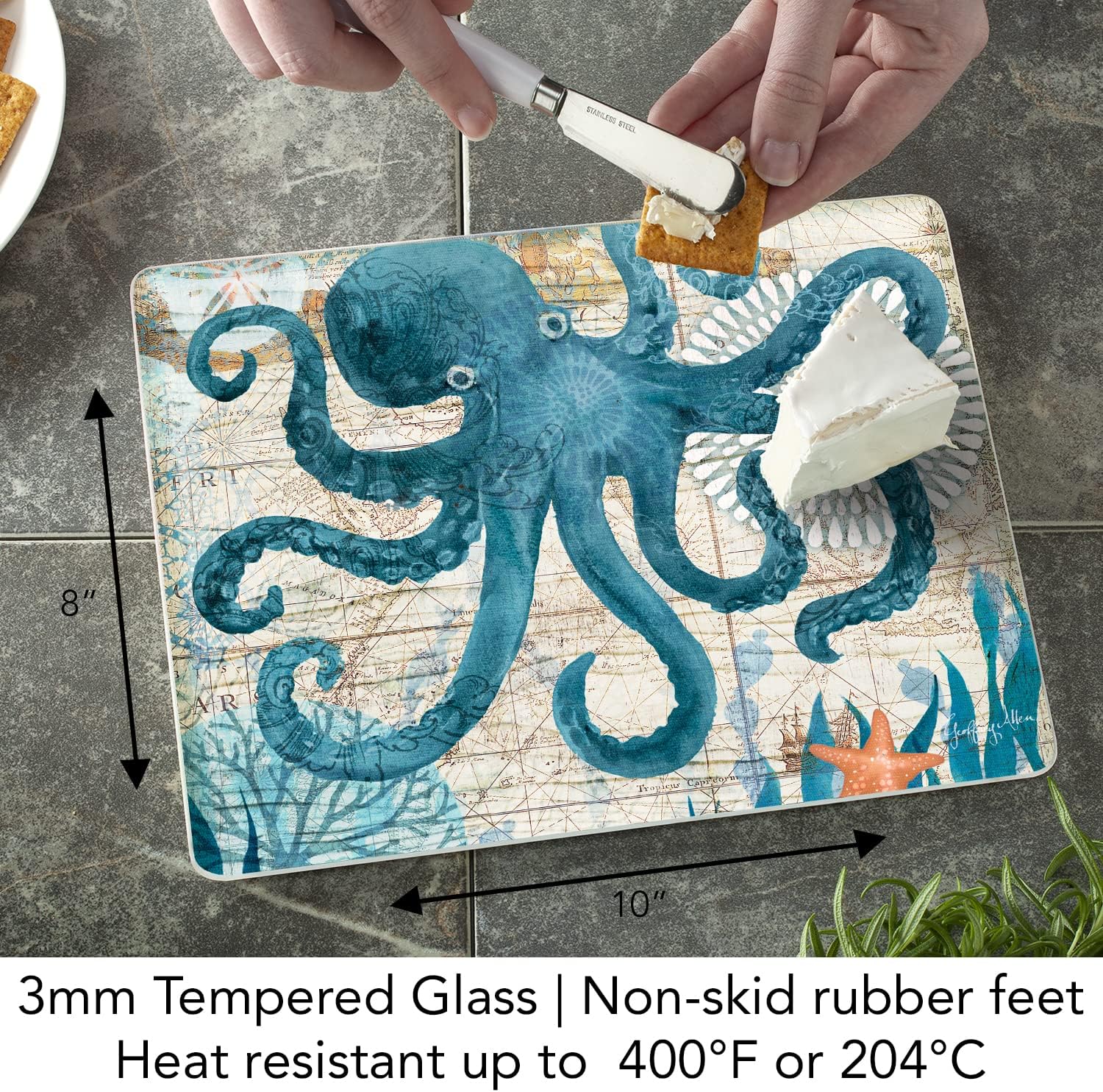CounterArt Monterey Bay Octopus – Tabla de cortar de vidrio templado tolerante al calor de 10 x 8 pulgadas, fabricada en los Estados Unidos, apta