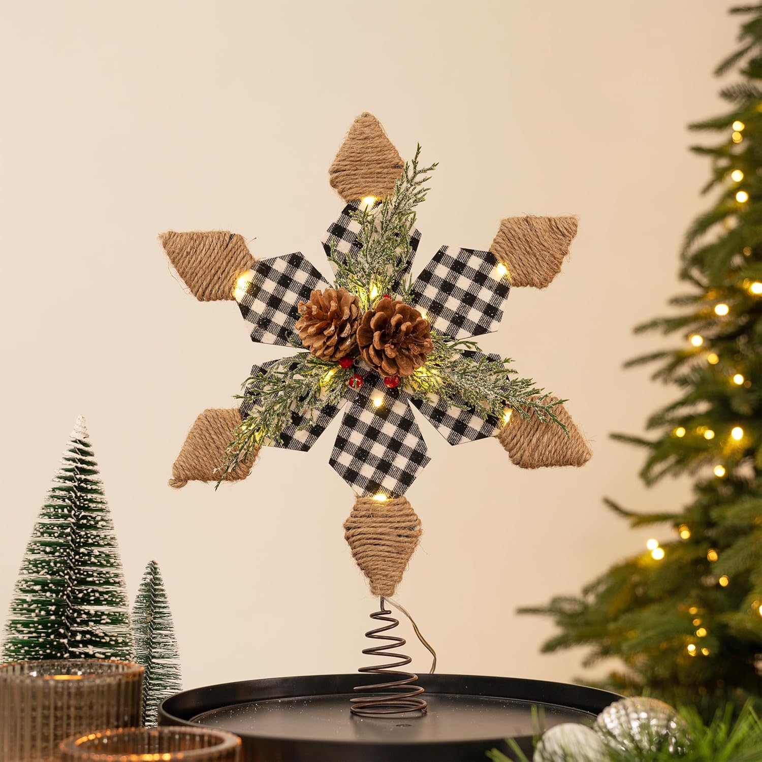 Valery Madelyn Decoración para árbol de Navidad preiluminada de 16.1 pulgadas, color blanco y negro, parte superior para árbol de Navidad rústico