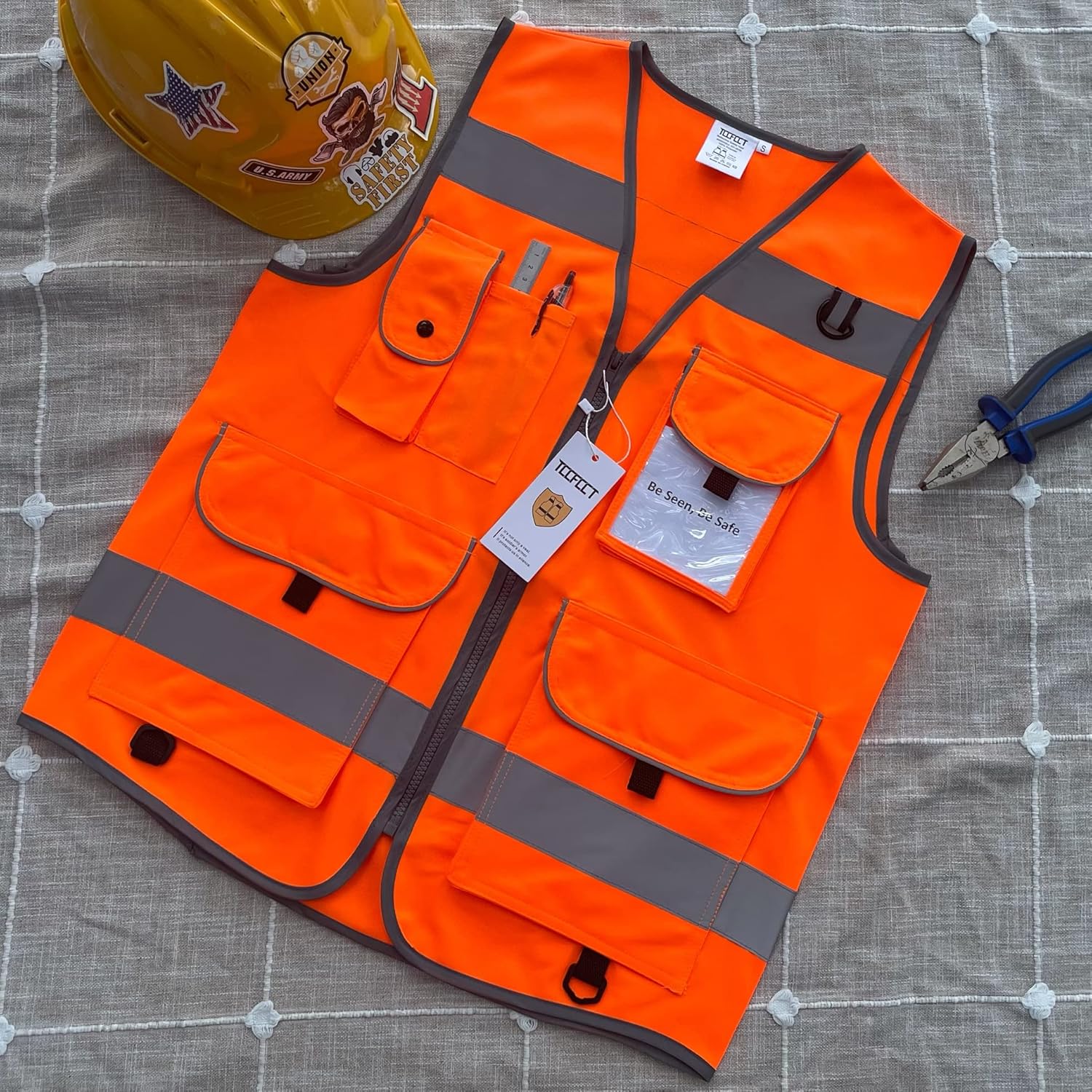TCCFCCT – Chaleco de alta visibilidad, chaleco de seguridad reflectante para trabajo con 9 bolsillos para hombres y mujeres, chaleco con tiras