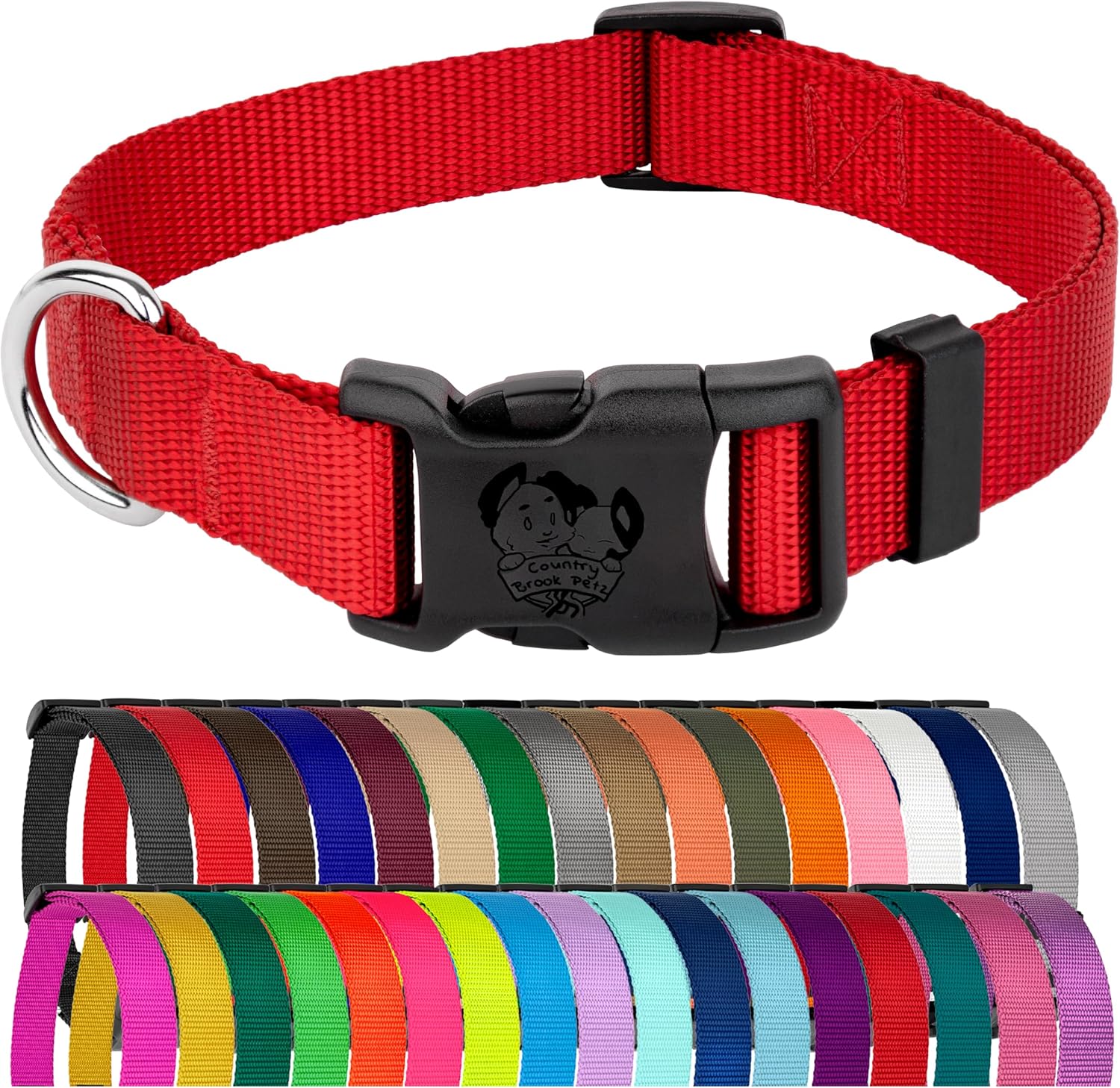 Country Brook Design  Collar de nailon de lujo para perro con vibrante selección de 25 colores, Bright Red