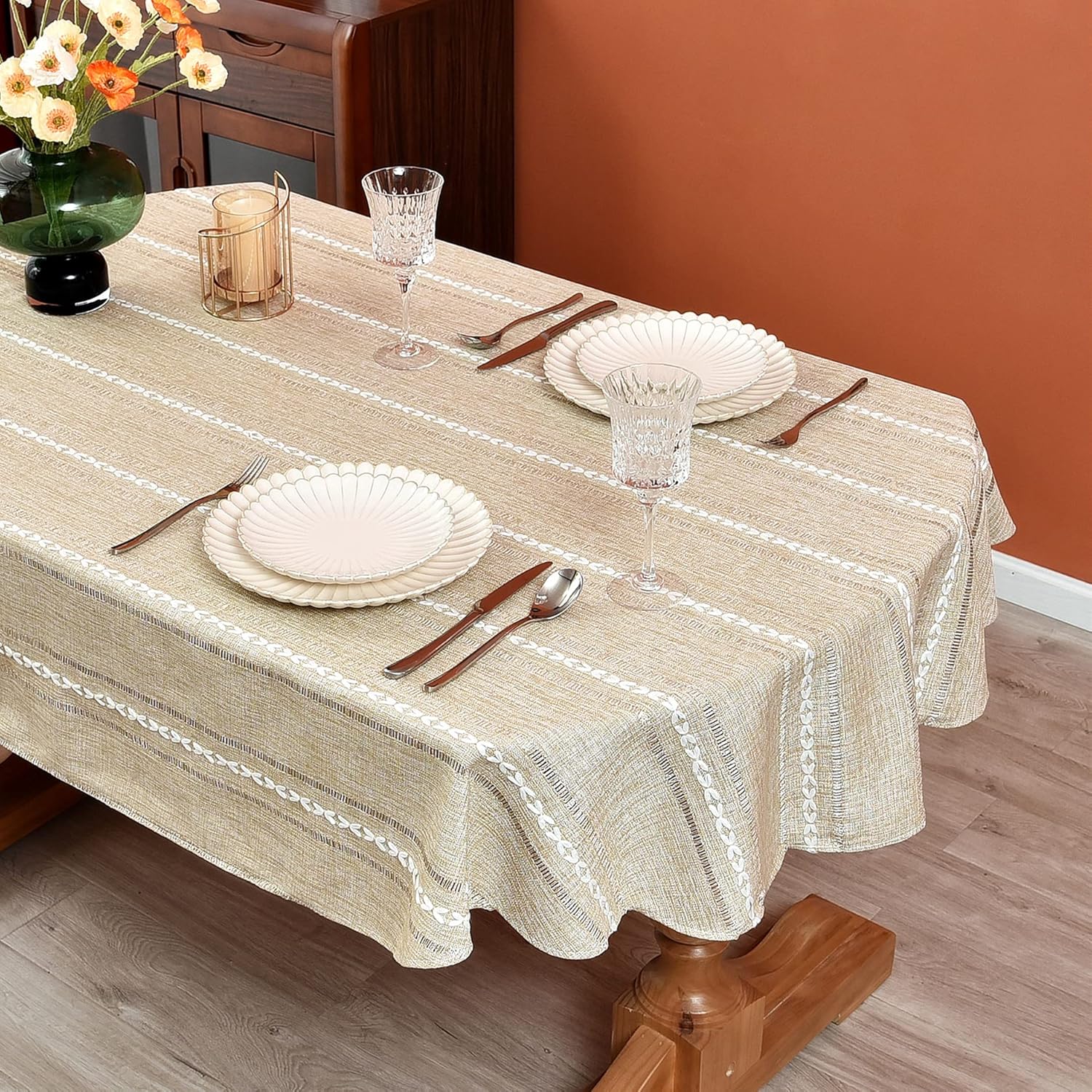 Mantel rústico ovalado de lino de algodón bordado, mantel de primavera para cocina, comedor, fiesta, mantel para mesas ovaladas, 54 x 72 pulgadas,