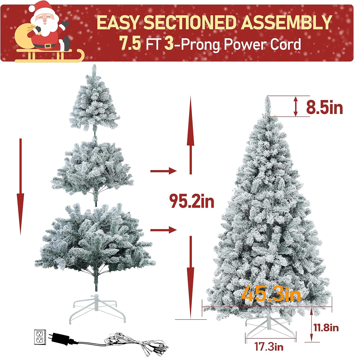 MUPATER Árbol de Navidad artificial de 8 pies, preiluminado con nieve flocada y soporte de metal, luces blancas cálidas, decoración navideña para el