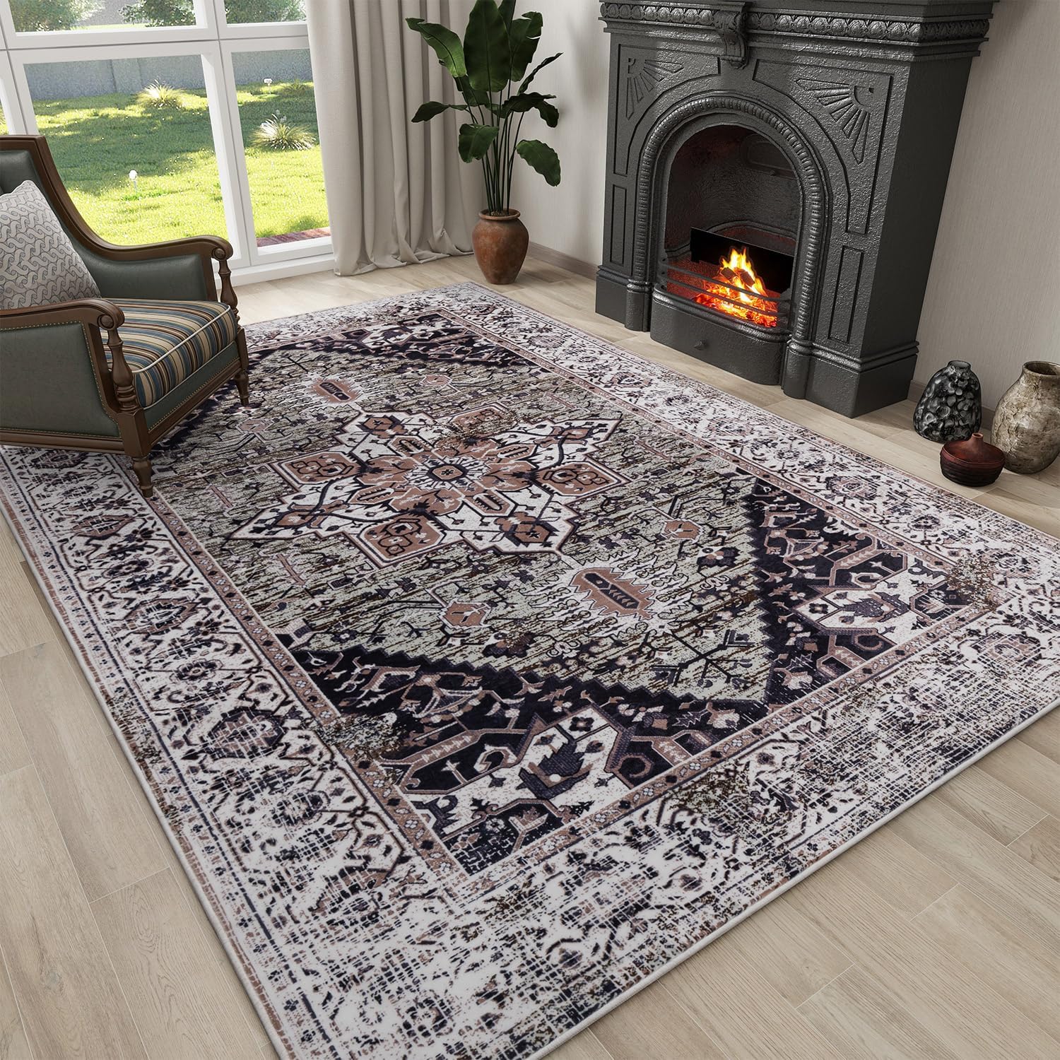 YIHOUSE Alfombras lavables de 5 x 7 pies, para sala de estar, alfombras vintage con diseño floral envejecido, alfombras orientales de interior de