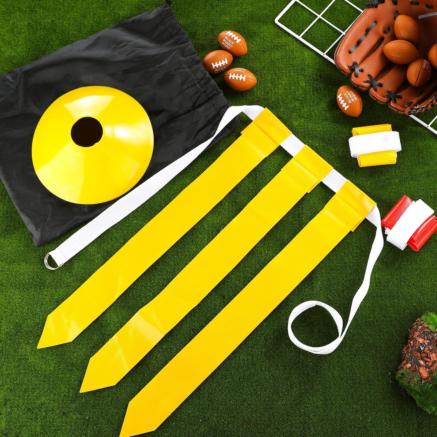 Juego de fútbol para 14 jugadores y 3 banderas, 14 mallas de nailon, 14 banderas, cinturón de fútbol, 12 conos para entrenamiento de adolescentes