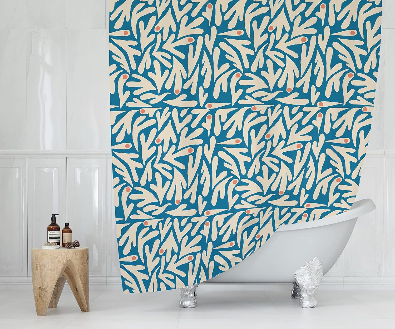 Matisse – Cortina de ducha de tela moderna bohemia azul y blanca, cortina de ducha de arte floral abstracto, 72 x 72 pulgadas (Matisse)