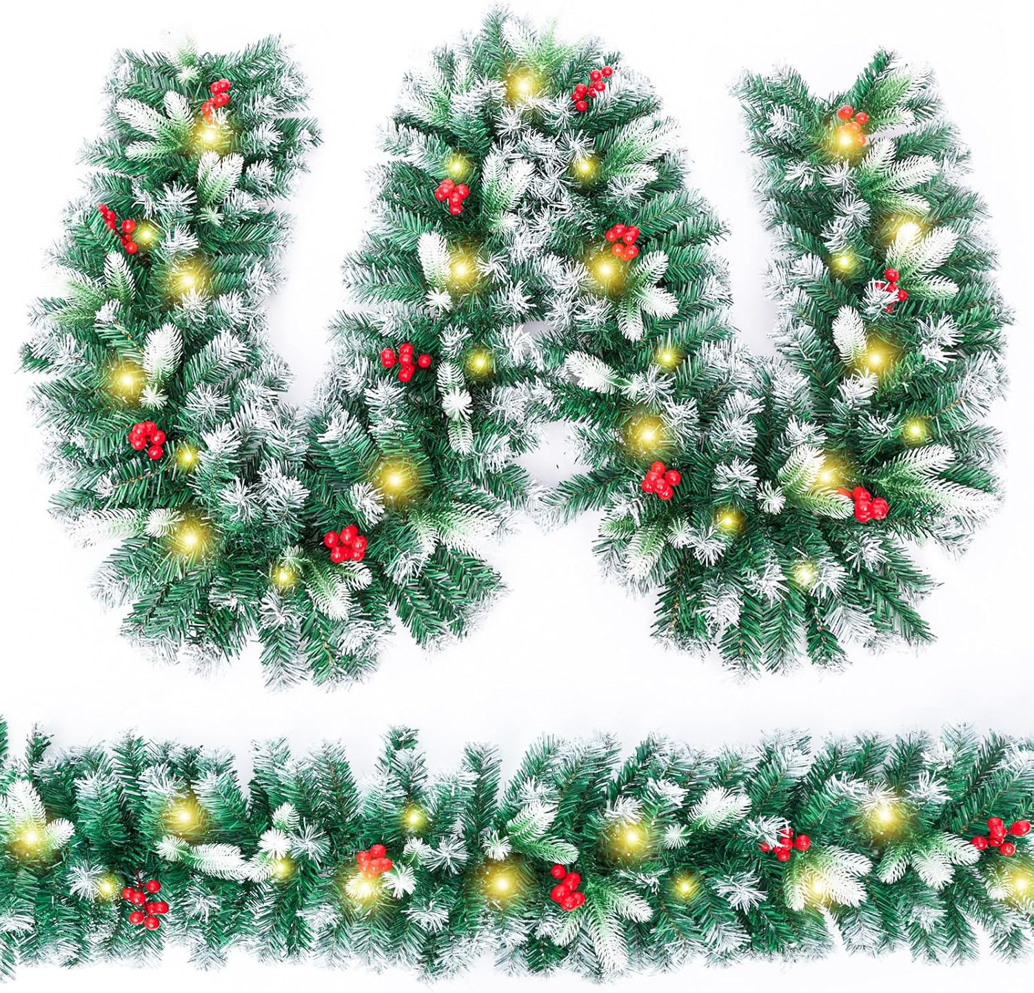 Joyhalo Guirnalda de Navidad de 9 pies con luces que funciona con pilas, guirnalda de Navidad preiluminada al aire libre para manto, guirnalda de