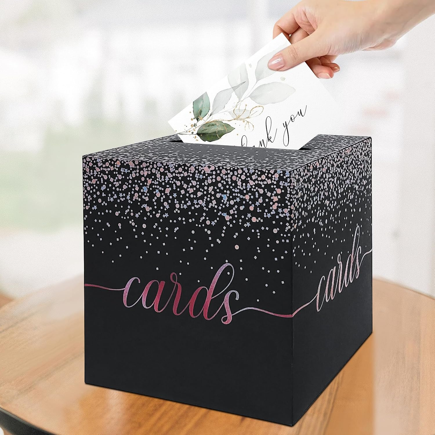 QIKSION Caja de tarjetas de oro rosa para fiestas, caja de regalo de color negro y oro rosa, caja de dinero para cumpleaños, despedida de soltera,