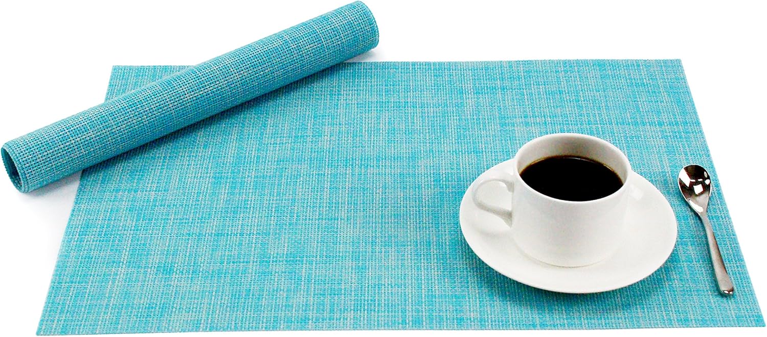 Juego de 4 manteles individuales de vinilo tejido de PVC, antideslizantes, resistentes al calor, color azul, para cocina, ambientales, manteles
