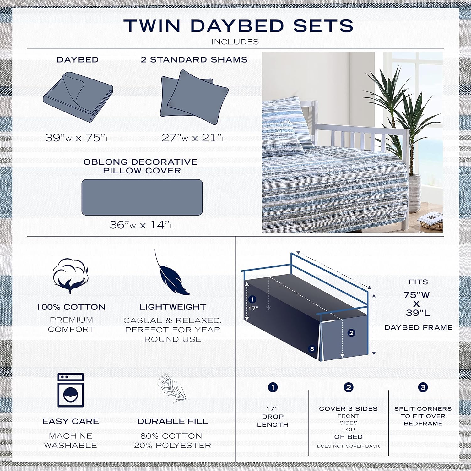 Nautica Juego de cama de algodón para cama de día, decoración del hogar para todas las estaciones, beige Clement