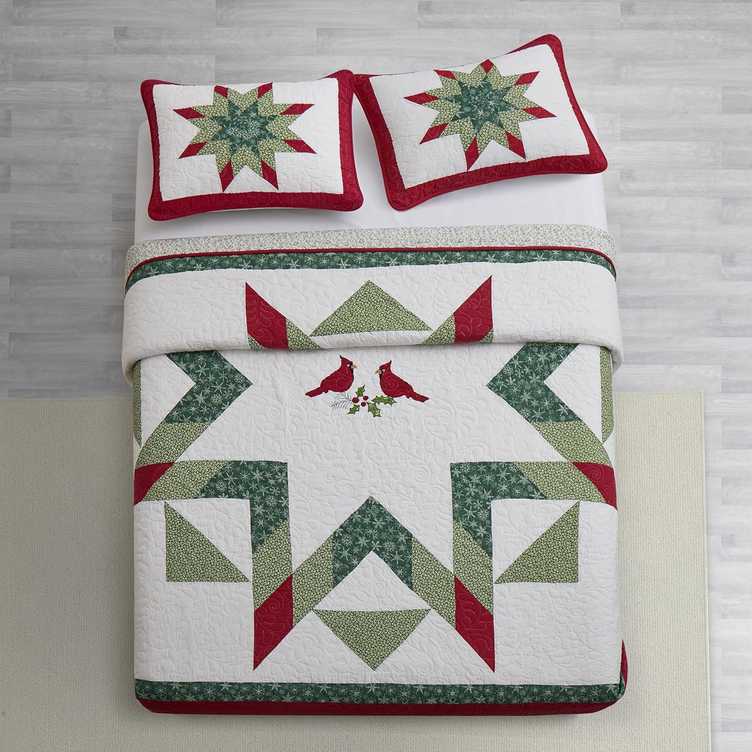 NELIFDER Juego de edredón de Navidad, tamaño Queen, 100% algodón, diseño de copo de nieve rojo, pájaro blanco, diseño de copos de nieve, diseño de