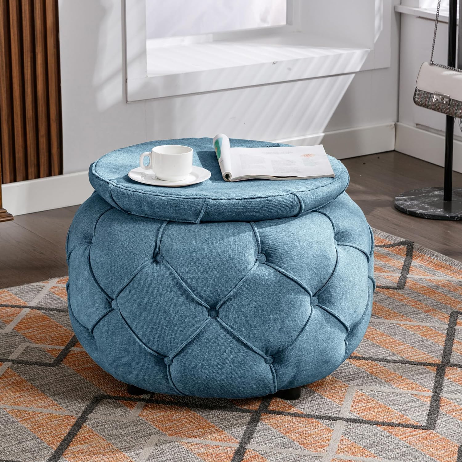 Taburete grande tejido con botones y reposapiés, otomana redonda de almacenamiento, mesa auxiliar pequeña de arpillera, silla de maquillaje, asiento