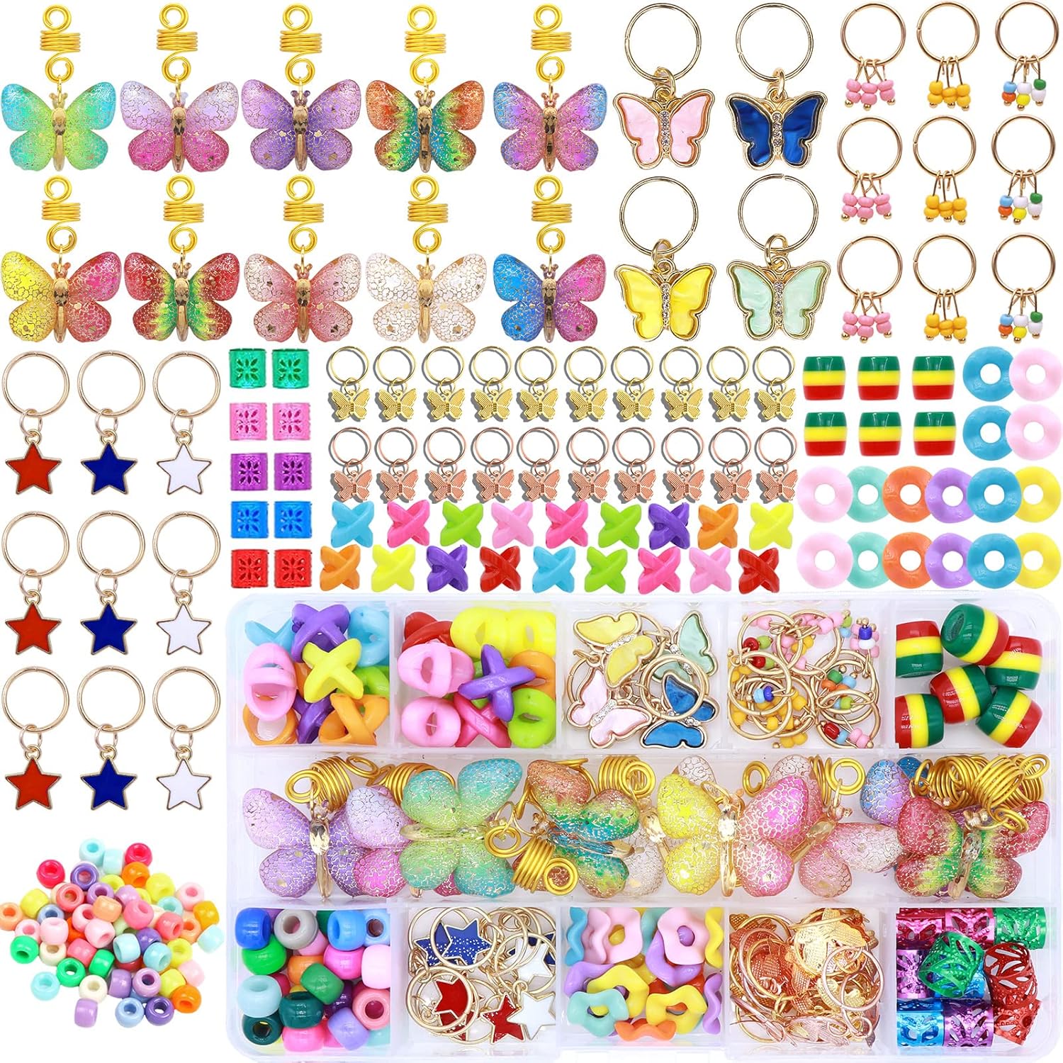 NAISKA 138 piezas de accesorios para rastas de cabello trenzadas de mariposa dorada con cuentas de colores, dijes y colgantes para trenzas, bobinas