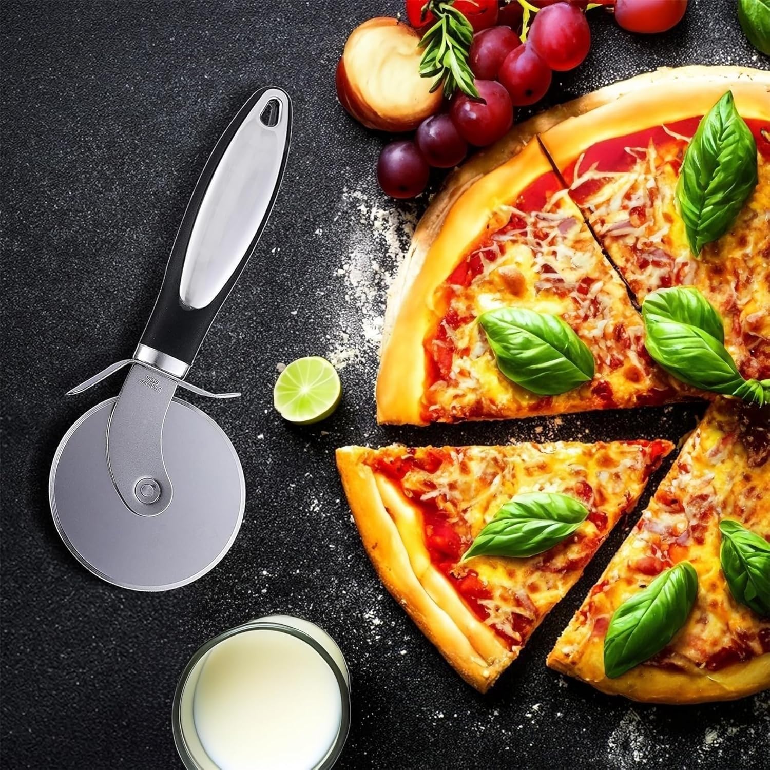 Fixturedisplays Rueda del cortador de la pizza, Cortador de pizza, rueda del cortador de la pizza del acero inoxidable, negro resistente 21913-2D