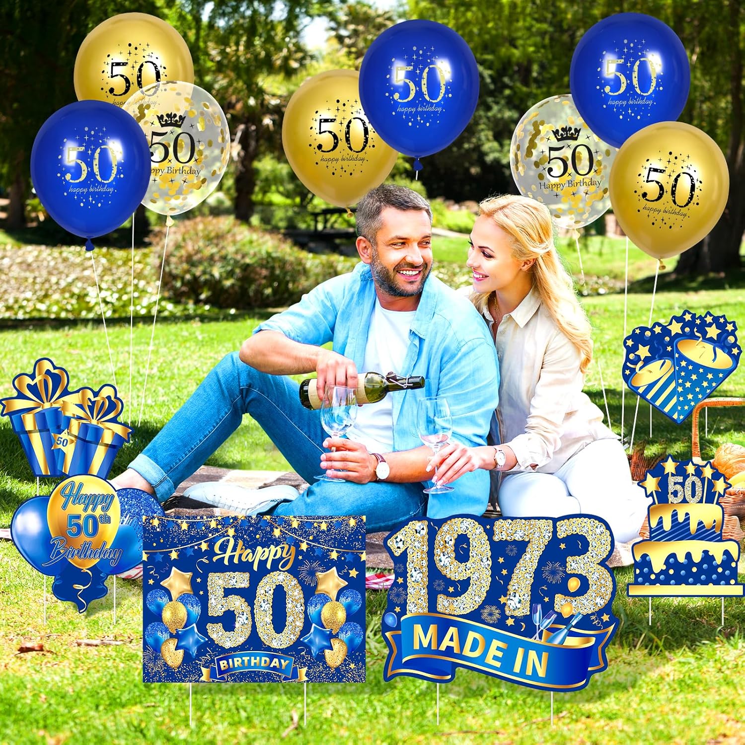Decoraciones azules de cumpleaños 50 para hombres y mujeres, 6 piezas azul marino y dorado con estacas y 18 globos de 50 cumpleaños 1973 para fiesta