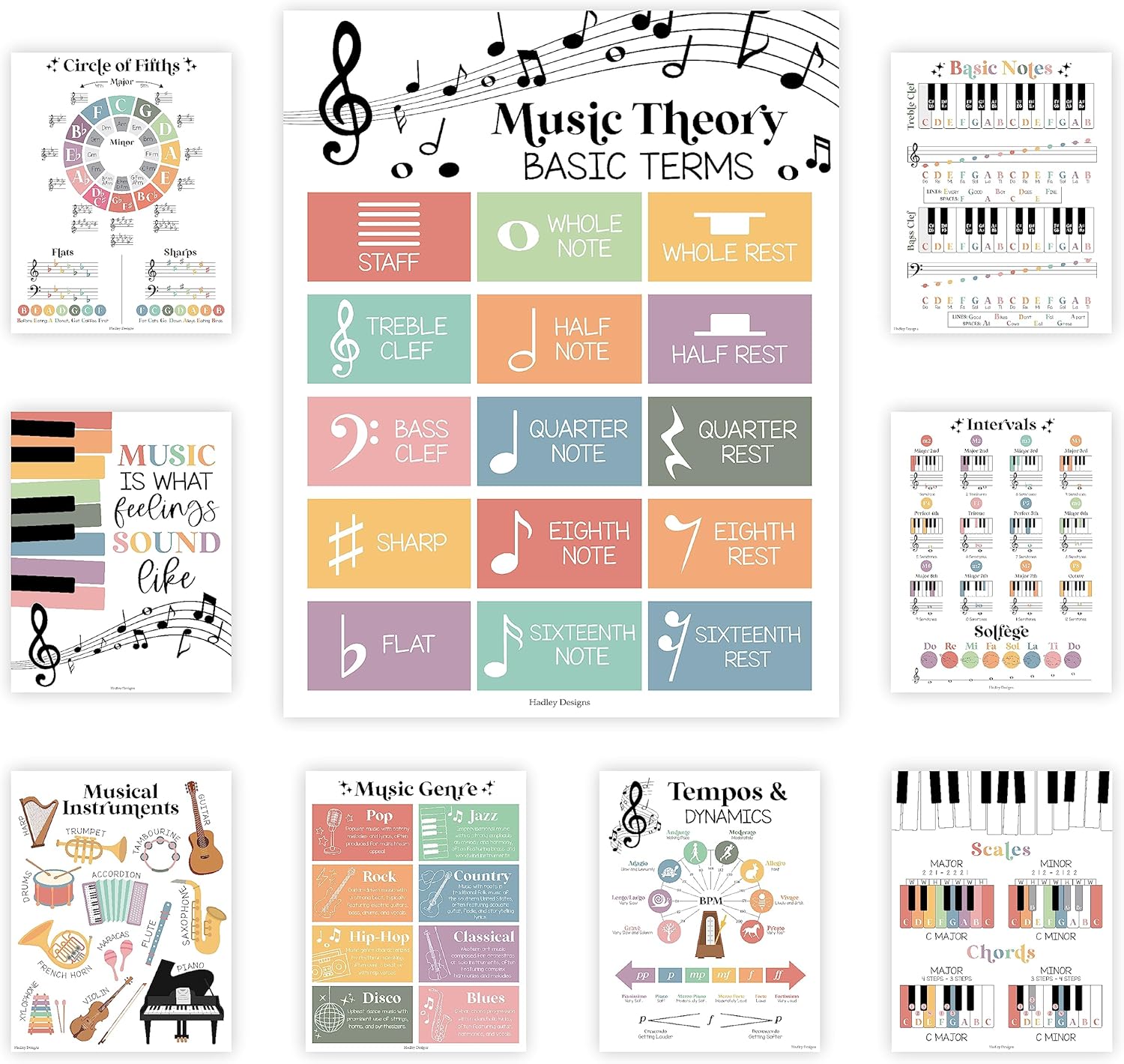 Hadley Designs 9 pósteres de música para aulas  Decoración de aula de música pastel boho, impresiones de coro y solfeo, decoraciones de tablón de
