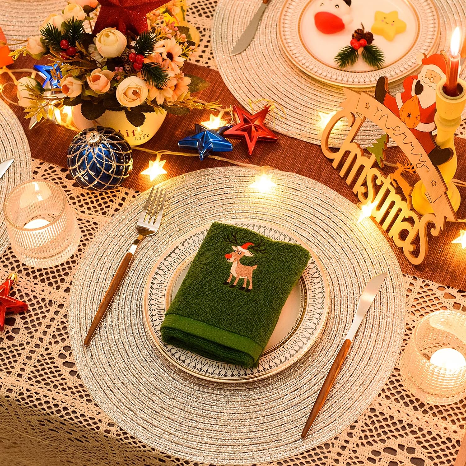 FunWheat Juego de 6 manteles individuales redondos trenzados para mesas de comedor, tejidos, lavables, antideslizantes, para decoración de Navidad e