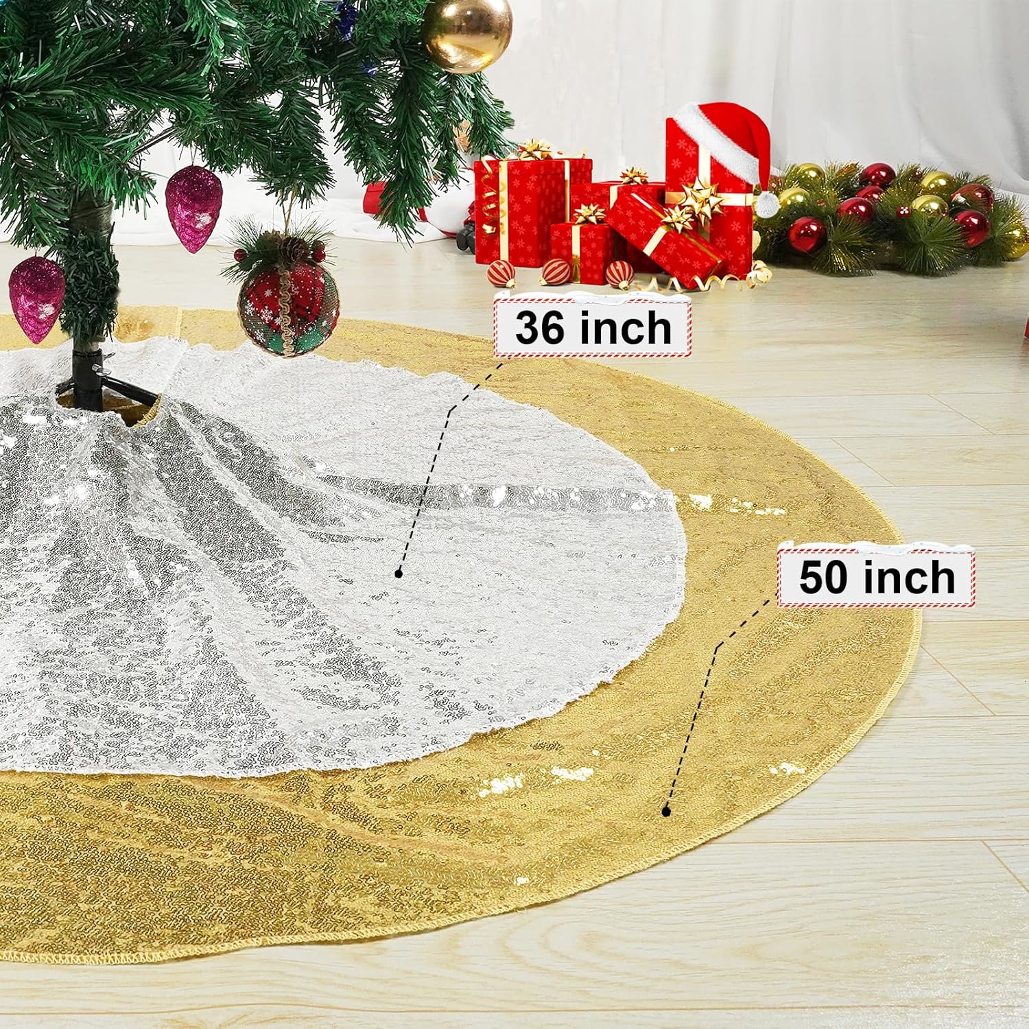 Faldón dorado para árbol de Navidad, faldas de árbol de Navidad brillantes de 50 pulgadas para decoraciones de Navidad
