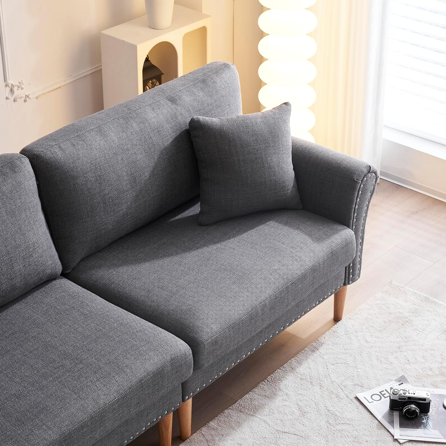 Sofá de arpillera, sofá pequeño de tela moderna, patas de madera maciza, sofás de 2 plazas con 2 almohadas, para sala de estar, dormitorio, oficina