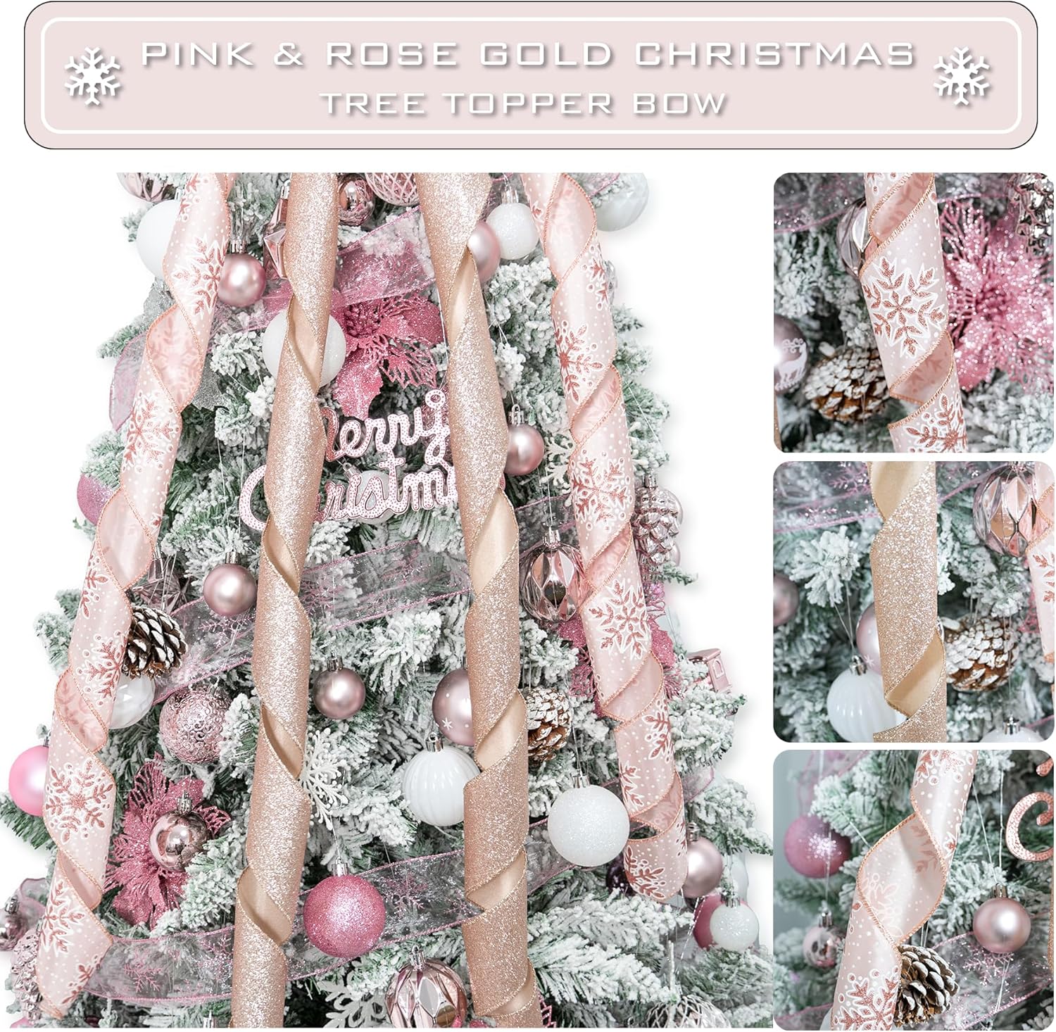 Hismir Decoración para árbol de Navidad con lazo de purpurina de 53 x 13 pulgadas con serpentina de cinta, copo de nieve rosa y dorado rosa
