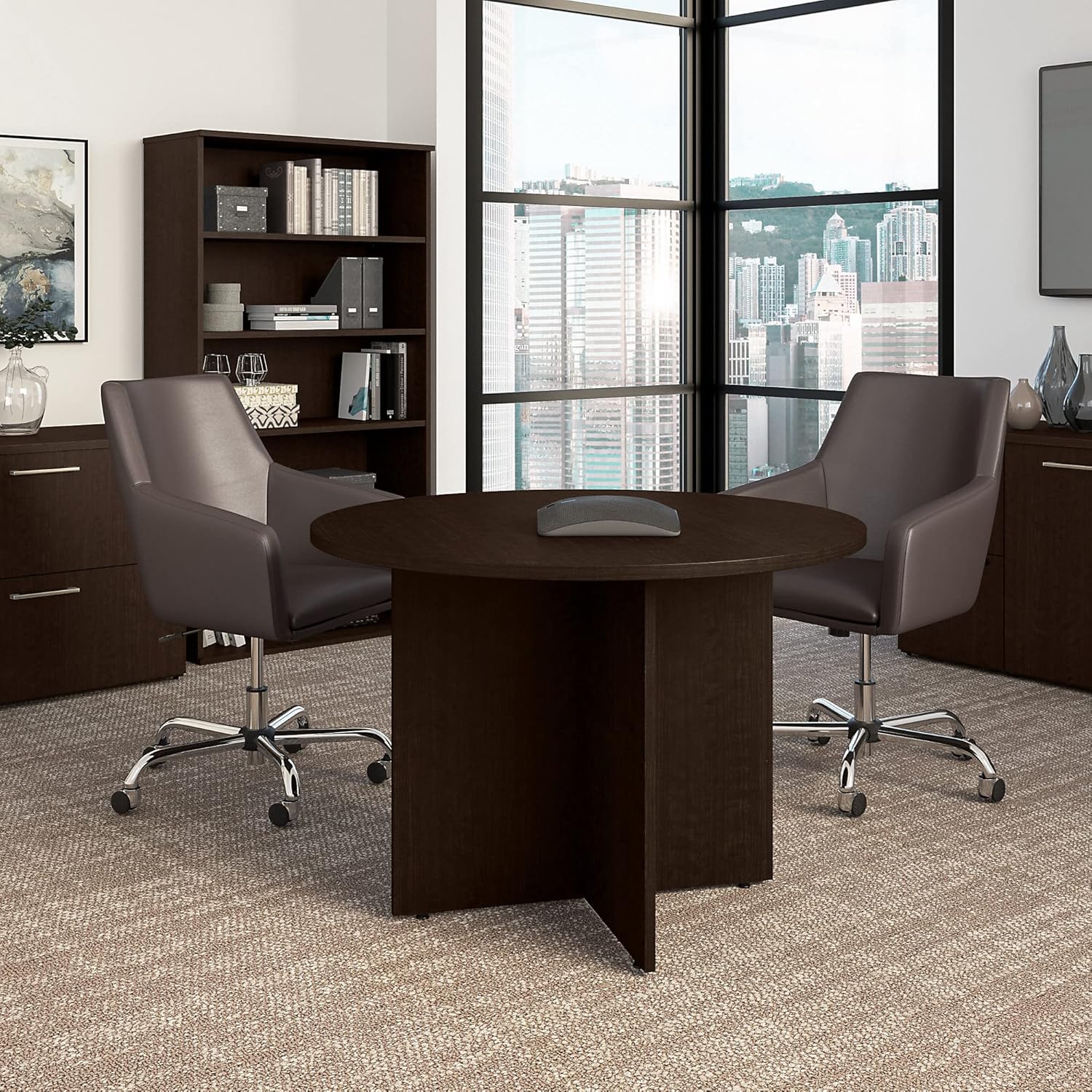 Bush Business Furniture Mesa de conferencias redonda con base de madera, escritorio circular para sala de reuniones para 4 usuarios, 42 W, cereza