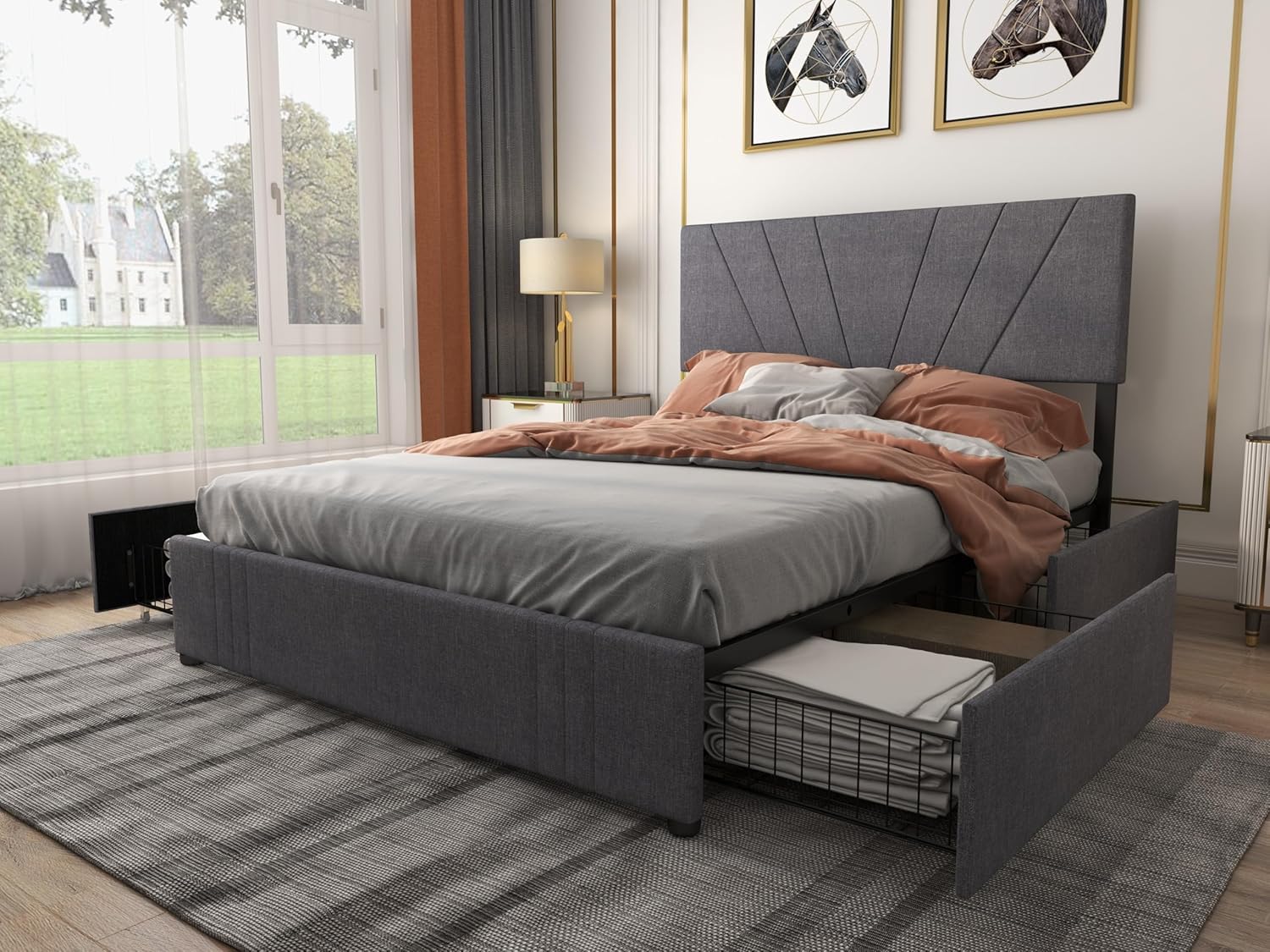 Base de cama de tamaño matrimonial con tapizado y 4 cajones fijos de almacenamiento, cabecera ajustable, embalaje de una caja, no necesita somier,