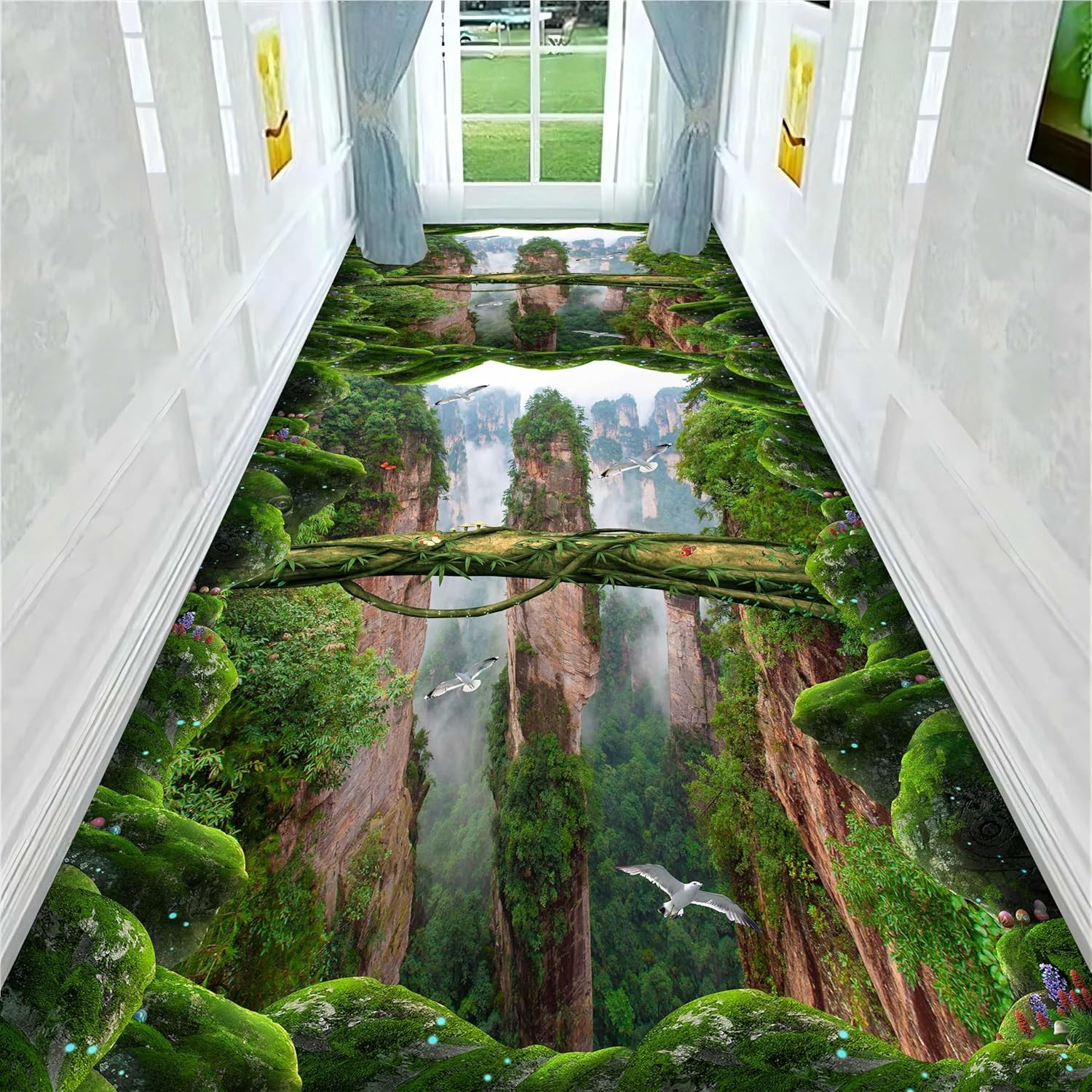 Alfombra de ilusión óptica, 2 x 10 pies, alfombra de pasillo verde 3D con impresiones como acantilados grúas voladoras y plantas verdes, emocionante