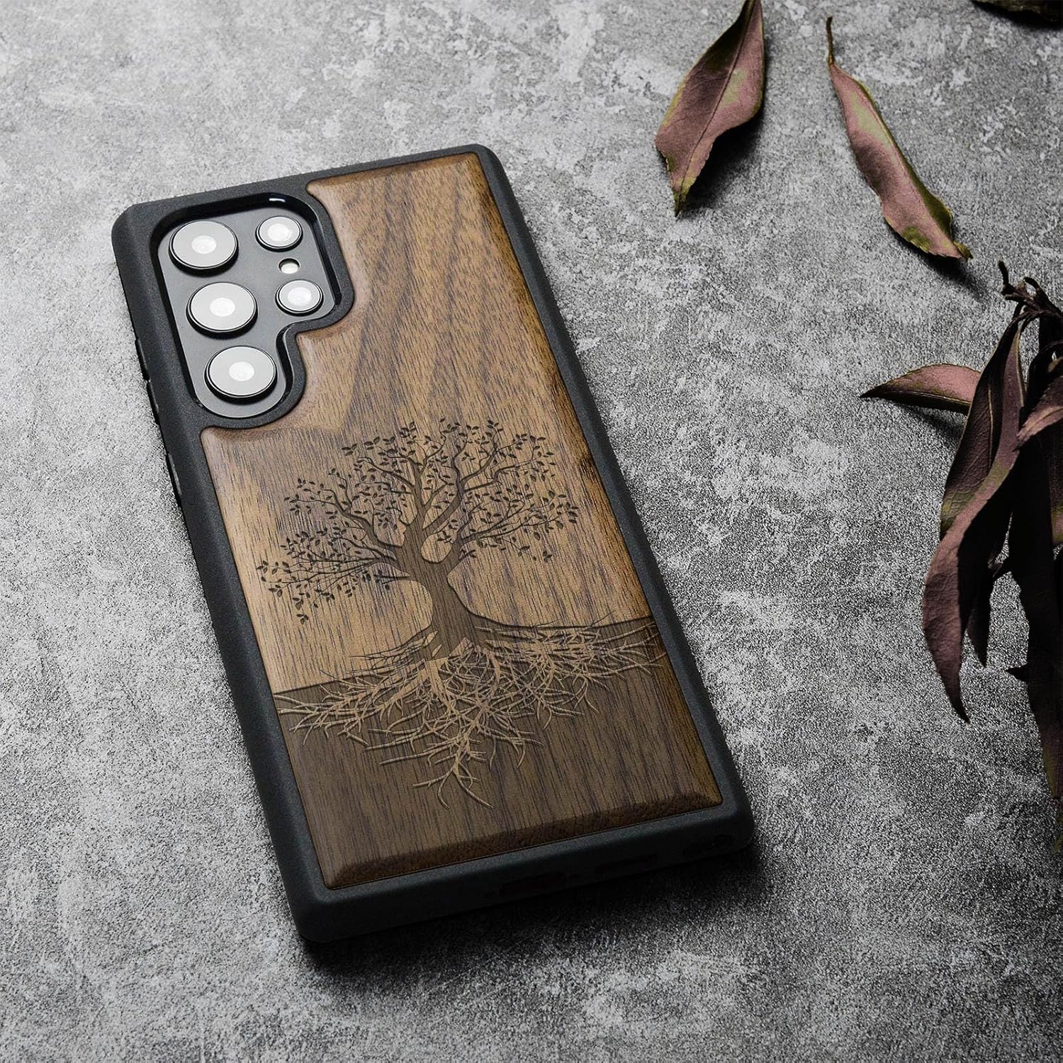Carveit Funda de madera para Galaxy S22 Ultra 2022 madera natural y TPU suave negro a prueba de golpes, funda de madera única y elegante compatible