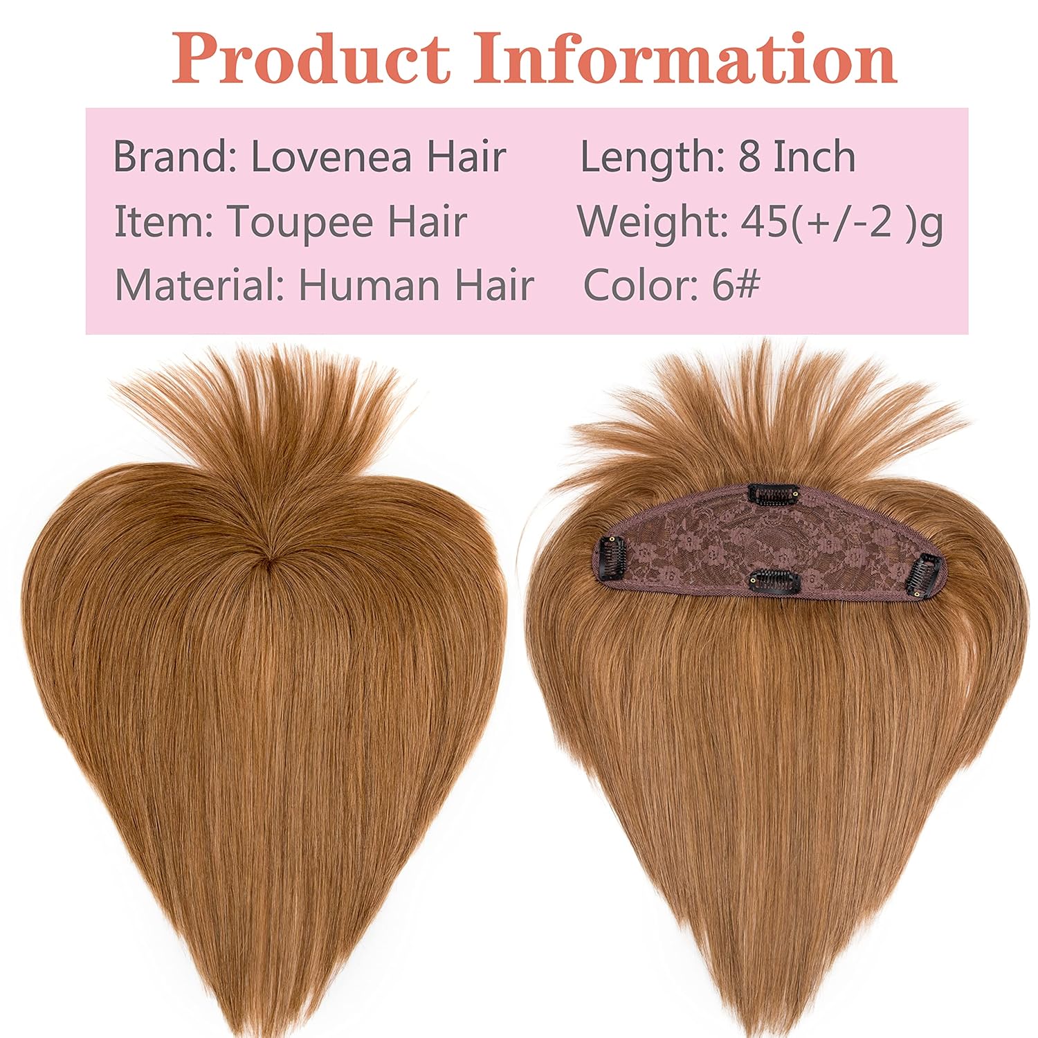 100 % cabello humano Remy con flequillo para mujer, base de red de 3.1 x 9.1 in, clip en la parte superior para adelgazar el cabellopérdida de
