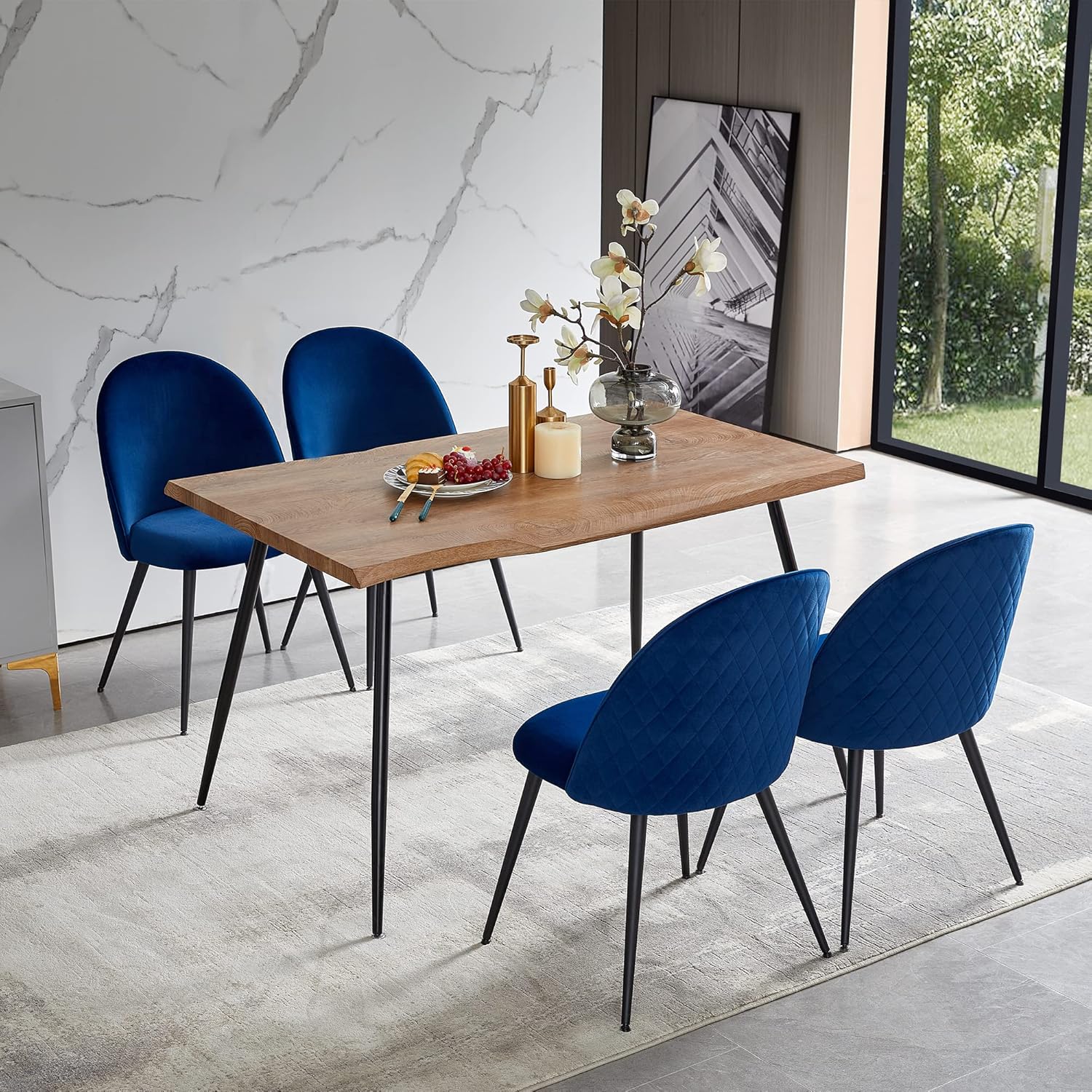 HomSof Juego de 4 sillas de comedor tapizadas de terciopelo, sillas auxiliares contemporáneas color azul marino con patas de metal negro
