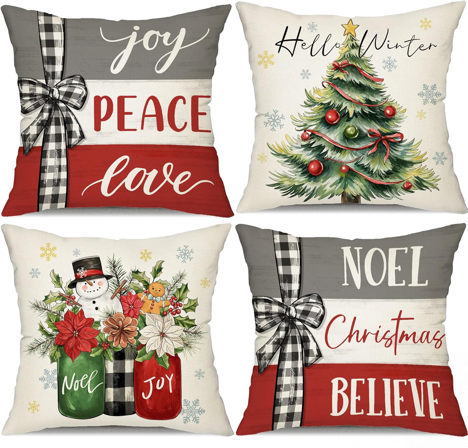 DFXSZ Juego de 4 fundas de almohada navideñas de 18 x 18 pulgadas, jarrón de muñeco de nieve, árbol de Navidad, decoración de invierno para el