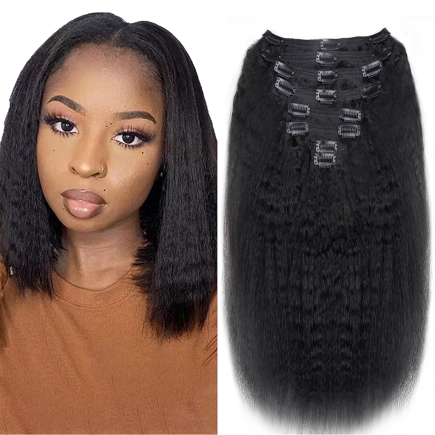 Extensiones de cabello humano real con clip, color negro natural, doble trama, para mujeres, 12 pulgadas, 4.23 oz, 8 unidades, 4.23 oz
