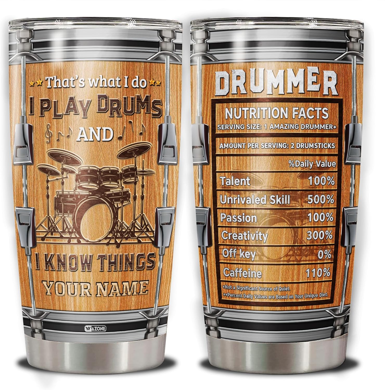 Vaso de acero inoxidable personalizado con datos nutricionales de baterista, 20 onzas, 30 onzas, nombre personalizado, con texto “I Play Drums And I