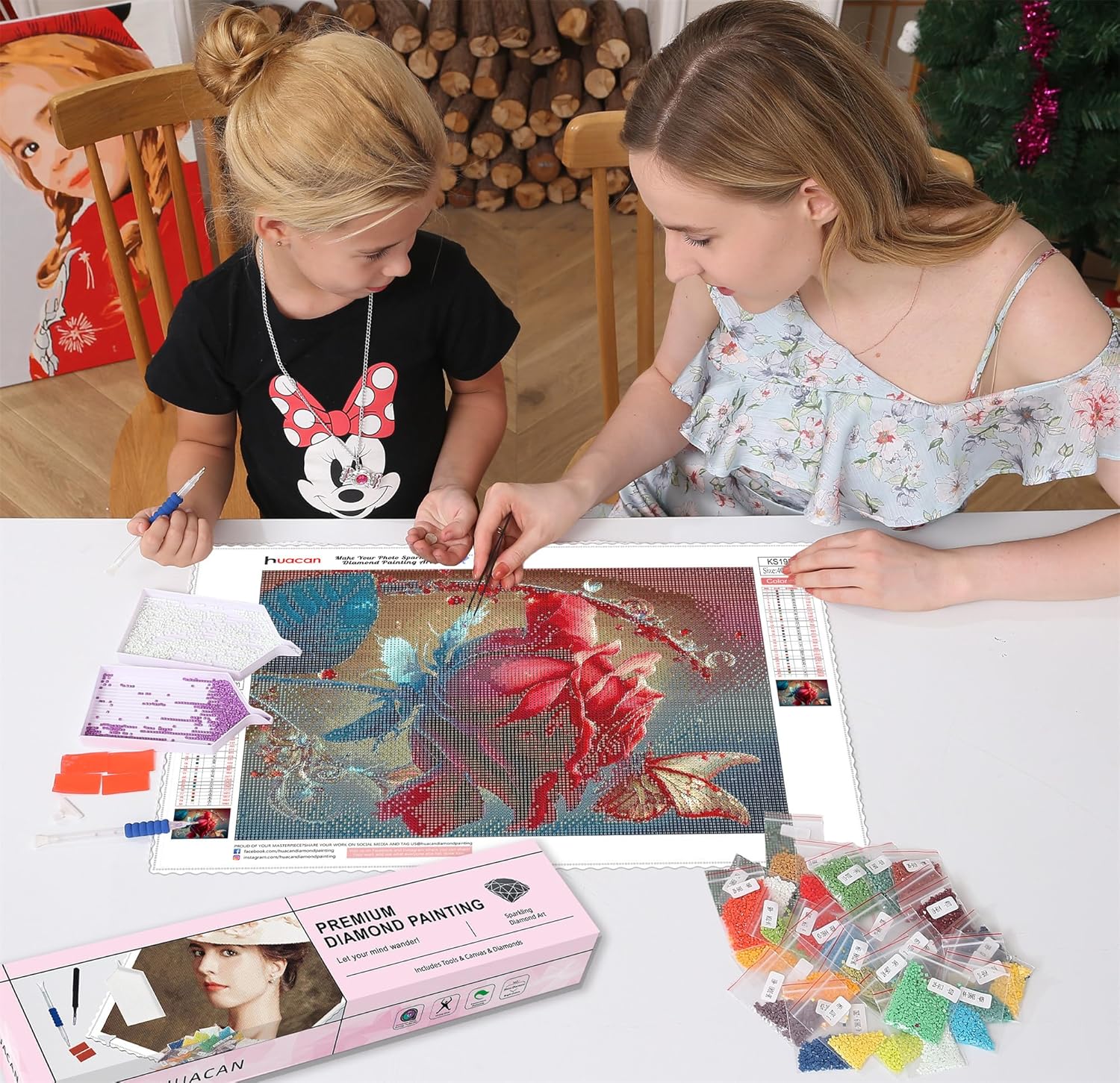 Huacan Kits de pintura de diamantes para adultos, diseño de mariposa rosa 5D, kit de arte de diamantes de taladro completo, puntos de diamante, arte